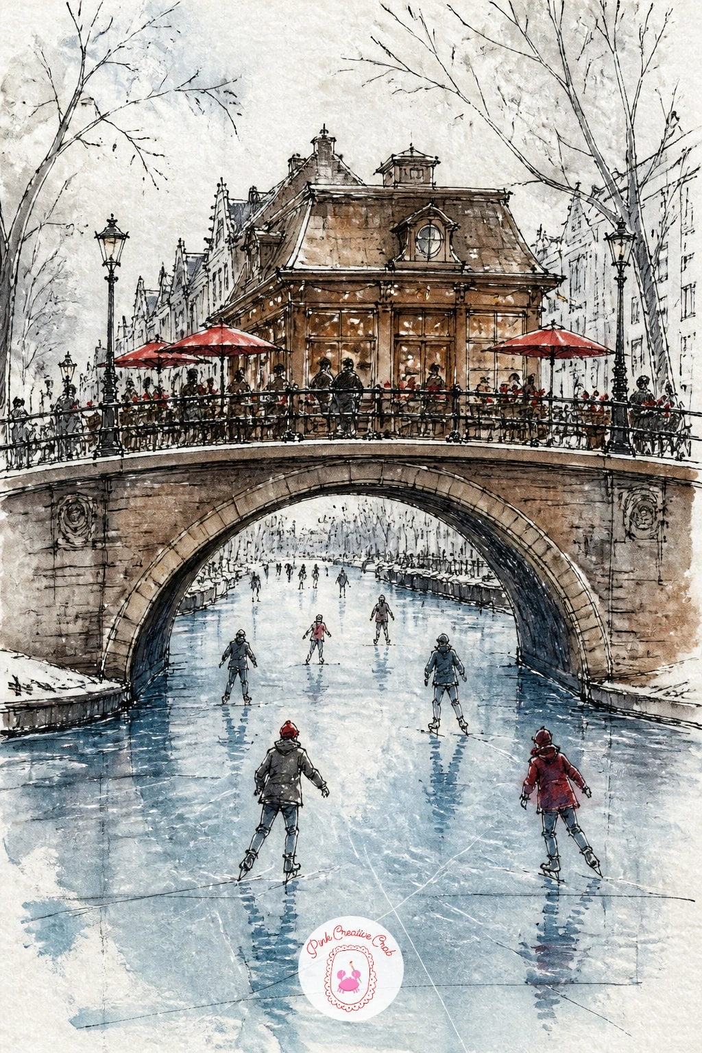Canal Bridge Cafe With Skaters — Open the view wide again with a cafe perched on a canal bridge while skaters glide across the frozen water below. Cafe drawing
