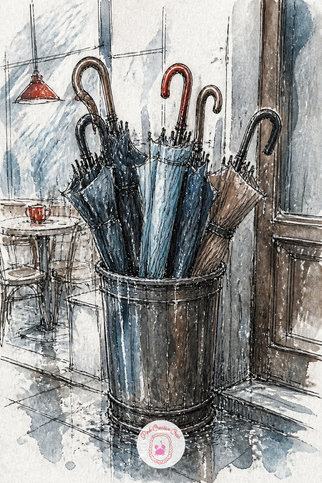 Umbrella Stand on a Sleety Day — Come back indoors to something small and specific, a cafe entryway with an umbrella stand full of wet umbrellas on a sleety
