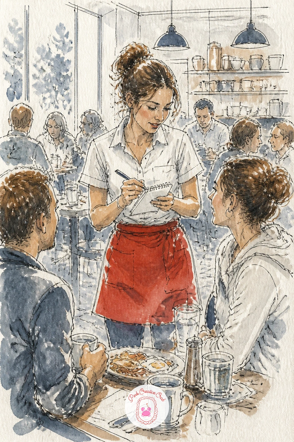 Waitress at a Busy Breakfast Cafe — Pick up the pace with a waitress taking an order at a busy breakfast cafe, several tables of customers going at once around