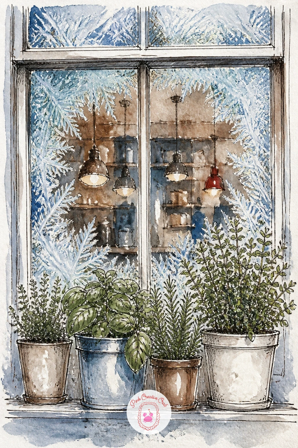 Window Herbs With Frost — Slow back down with a cafe window holding a few potted herbs, frost creeping in at the edges of the glass. Cafe drawing