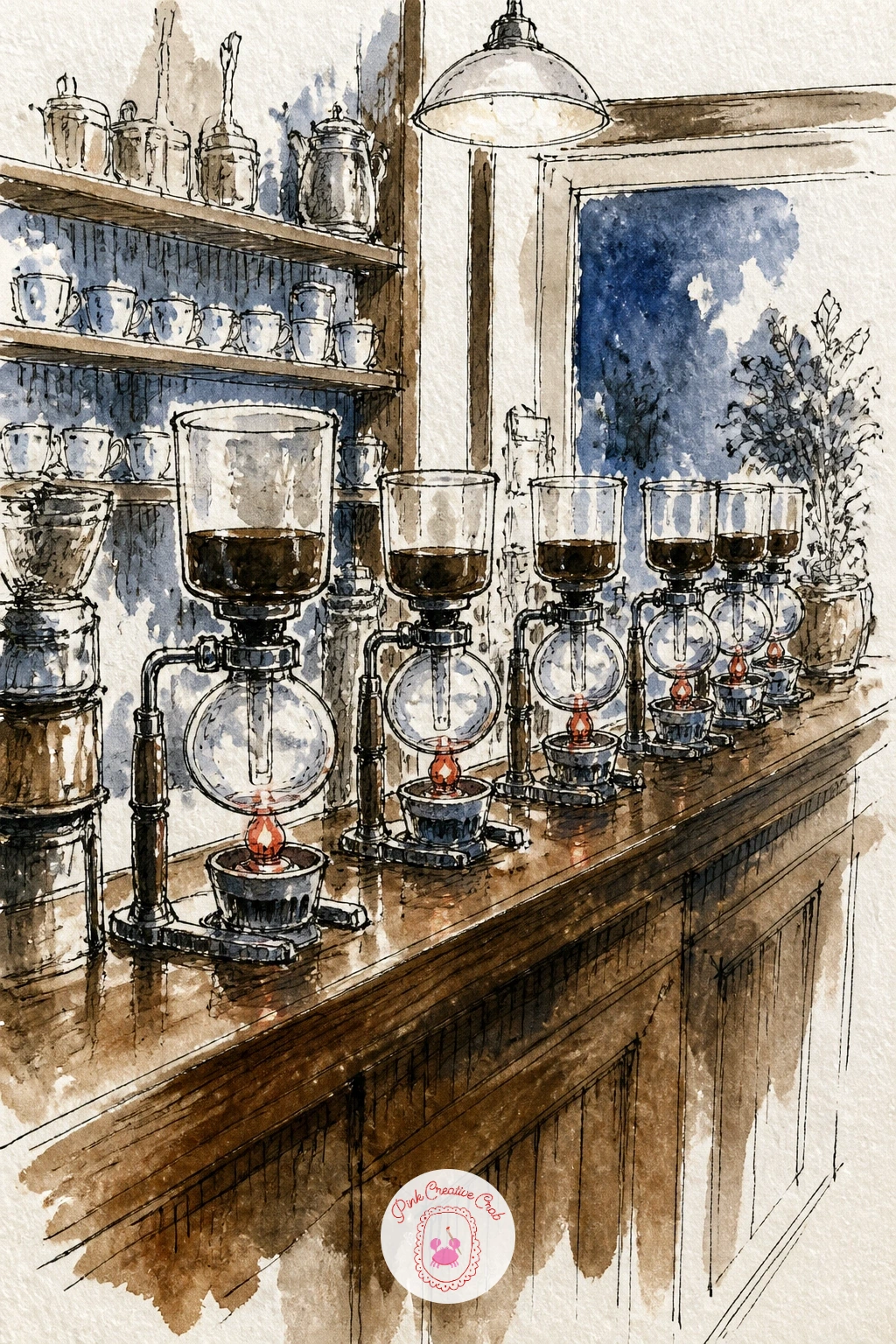 Japanese Kissaten Siphon Counter — Shift styles with a Japanese kissaten, a long counter lined with siphon coffee makers and tall stools in front of it. Cafe