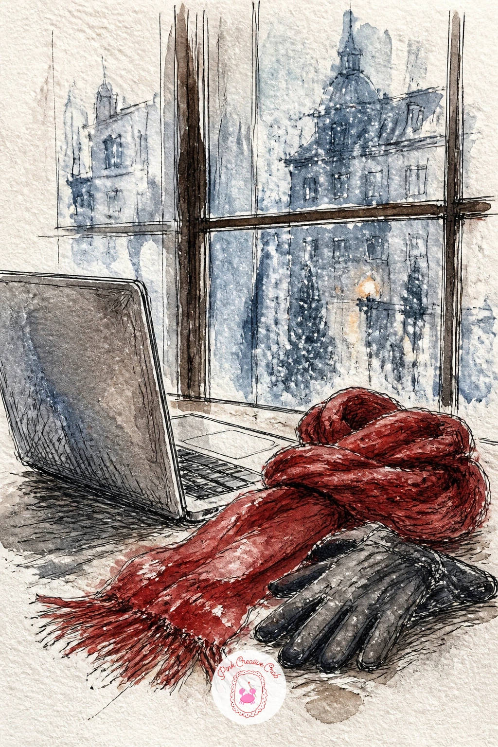 Laptop, Scarf and Gloves by the Window — Narrow the focus to a cafe table by the window holding just a laptop, a scarf and a pair of gloves, no figure in