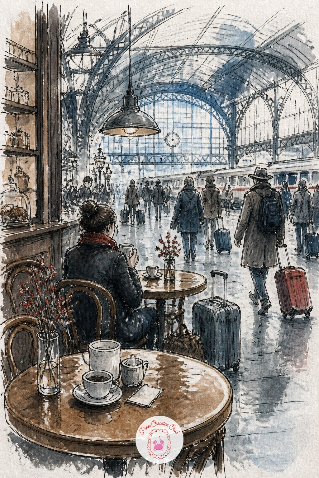 Station Cafe With Travelers — Add motion with a cafe tucked inside a train station, travelers and suitcases passing close by its tables. Cafe drawing