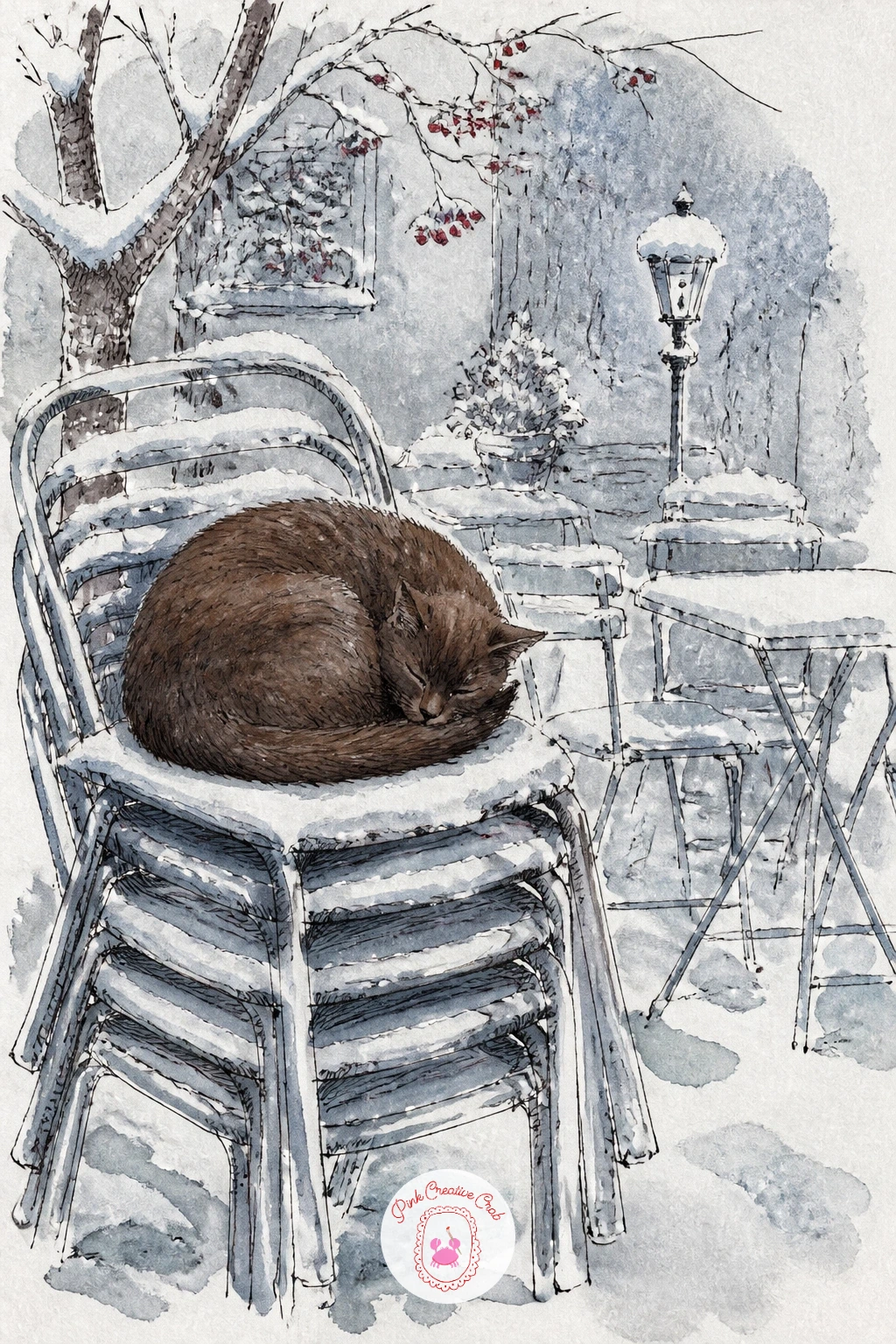 Snowy Garden With a Cat on the Chairs — Step back outside for a snowy cafe garden, chairs stacked up for the season and one cat curled asleep on top of them.