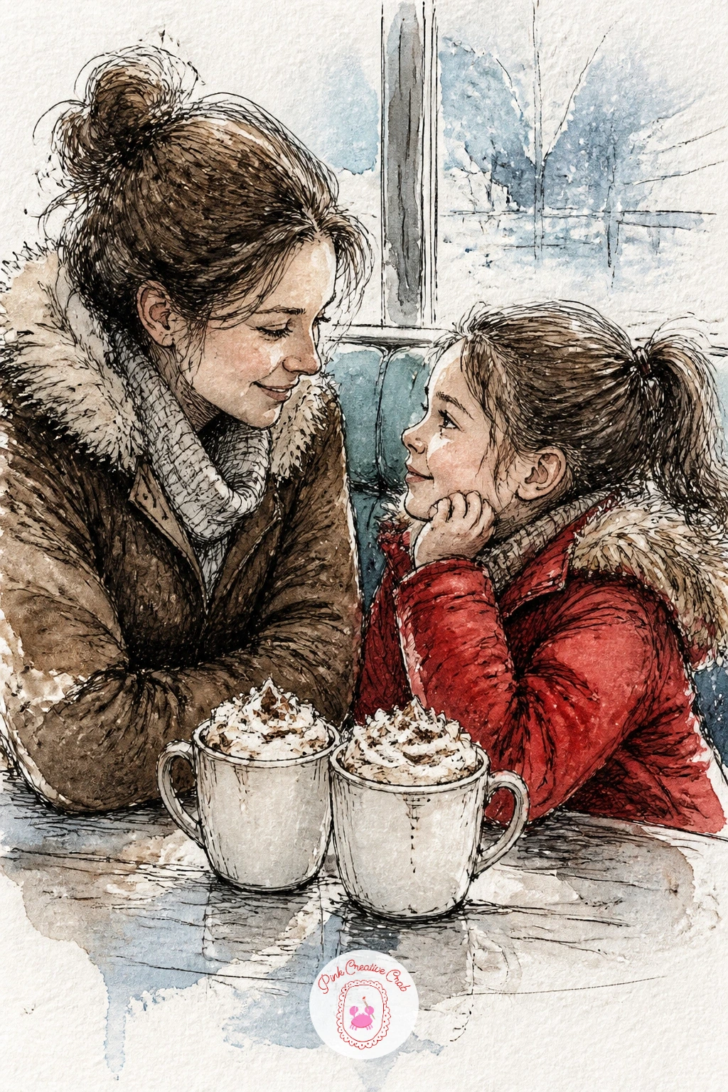 Mother and Daughter With Hot Chocolate — Warm the mood with a mother and daughter sharing hot chocolate in a cafe booth, two mugs between them topped with a