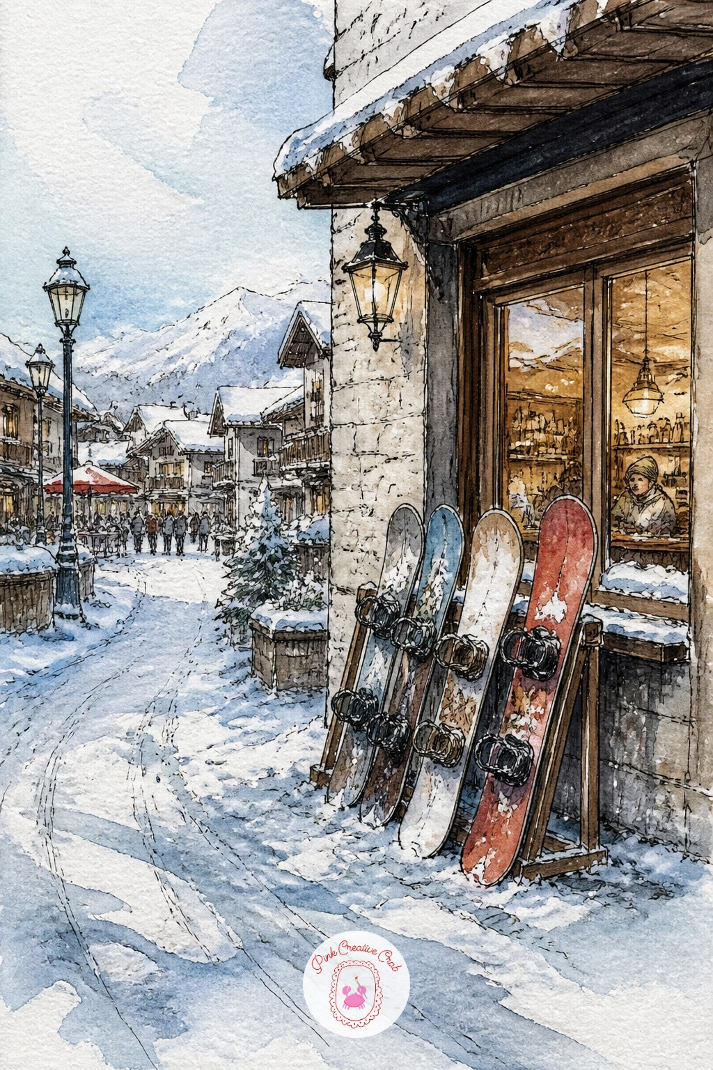 Ski Village Square With Snowboards — Close the set with a cafe on a ski village square, snowboards leaning in a rack just outside its door. Cafe drawing
