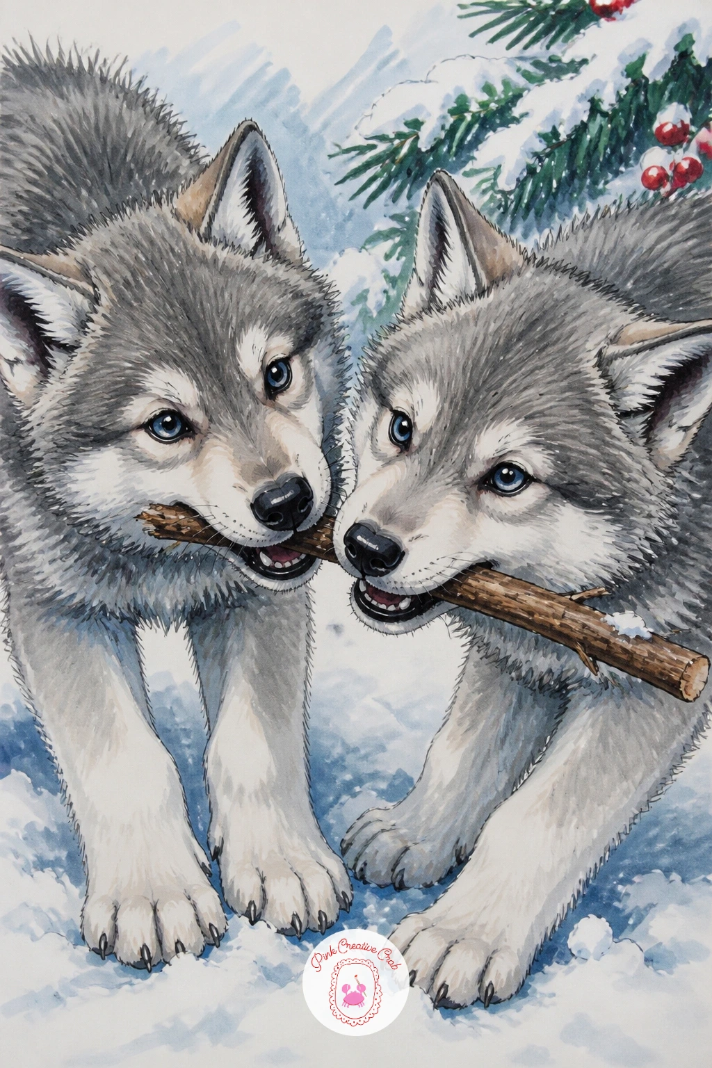 Two Wolf Pups Tugging A Stick — Start the whole sheet with two wolf pups tugging on the same stick, since the tug of war gives you a simple story and two
