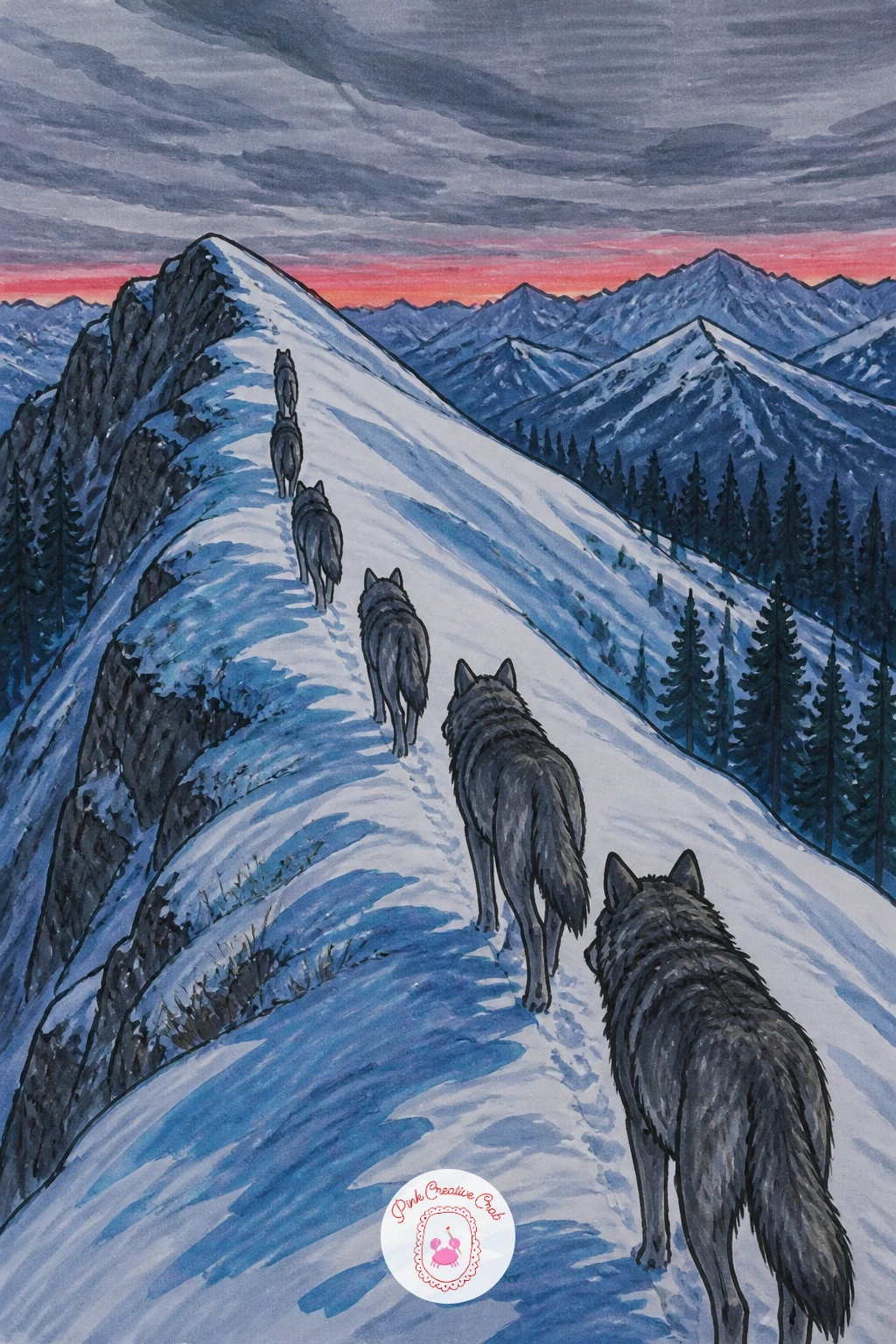 Wolf Pack Walking Single File On A Ridge — A pack of wolves walking single file along a snowy ridge is the piece to reach for once you want to try a small