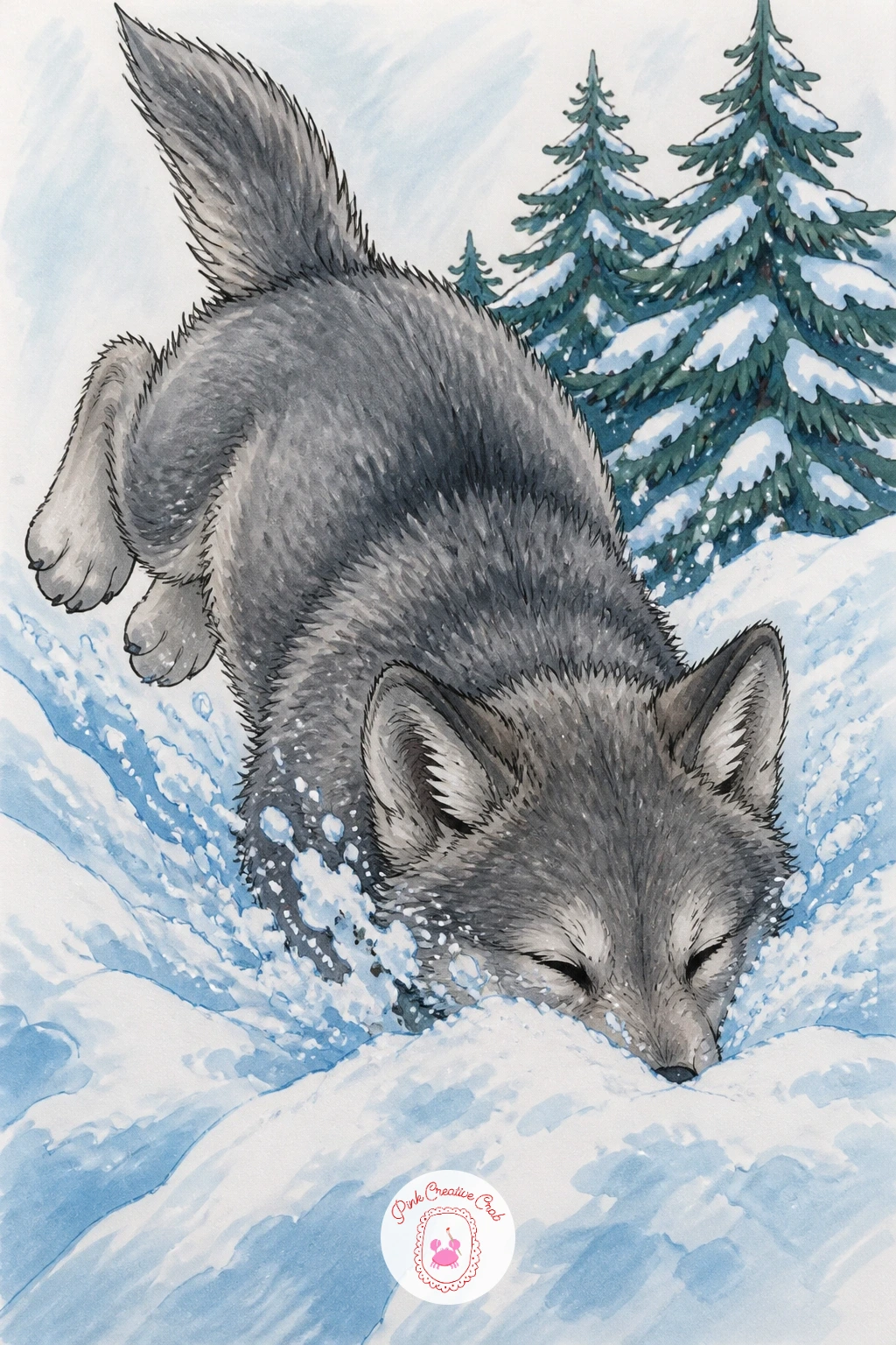 Wolf Pup Pouncing Into A Snowdrift — Give yourself a burst of action next with a wolf pup pouncing nose first into a snowdrift, a pose built on one strong