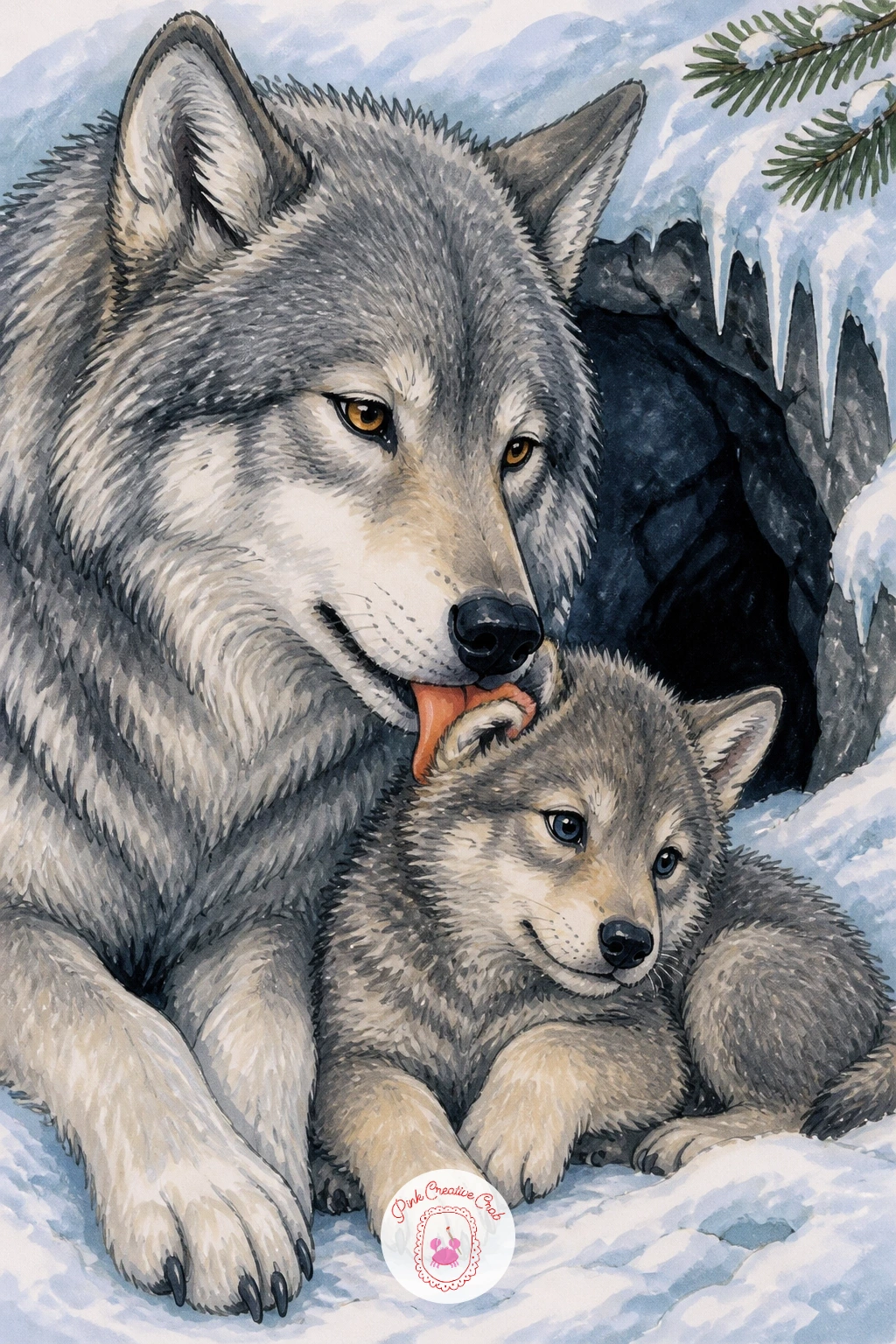 Mother Wolf Licking Her Pup's Ear — Slow the pace down with a mother wolf licking her pup's ear outside a snowy den, a quiet, affectionate moment that pairs