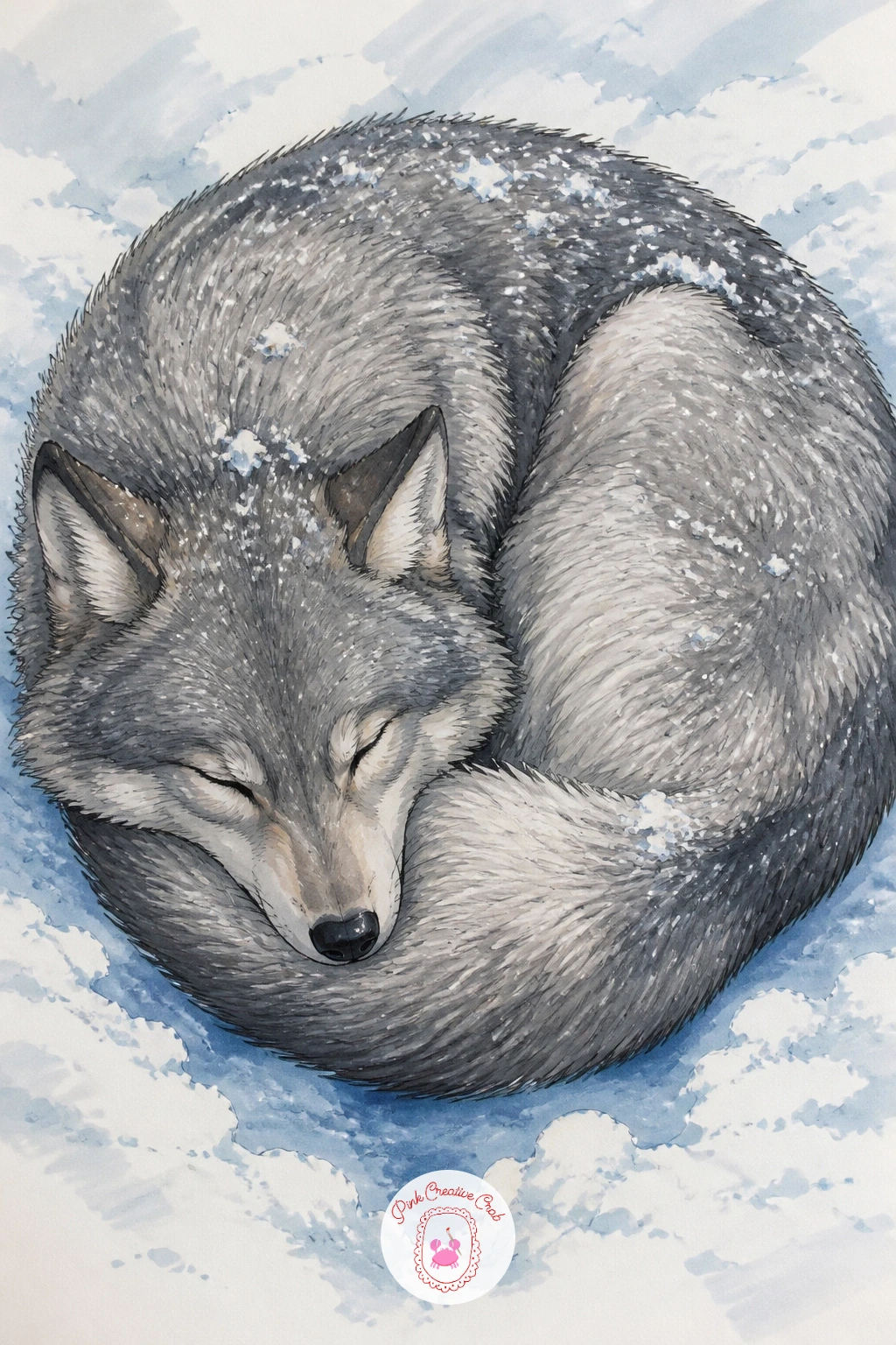 Grey Wolf Curled Up Asleep In Snow — Settle into a grey wolf curled up asleep with snow settling on its fur, a pose built almost entirely from one comma-shaped