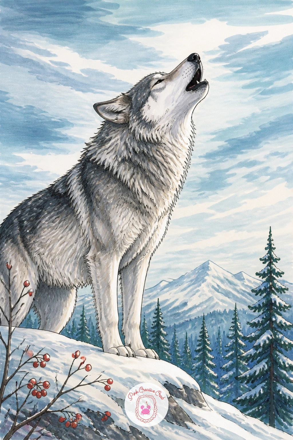 Wolf Howling Softly Under A Pale Sky — Try a wolf howling softly on a hill under a pale morning sky next, a classic pose done gently rather than dramatically.