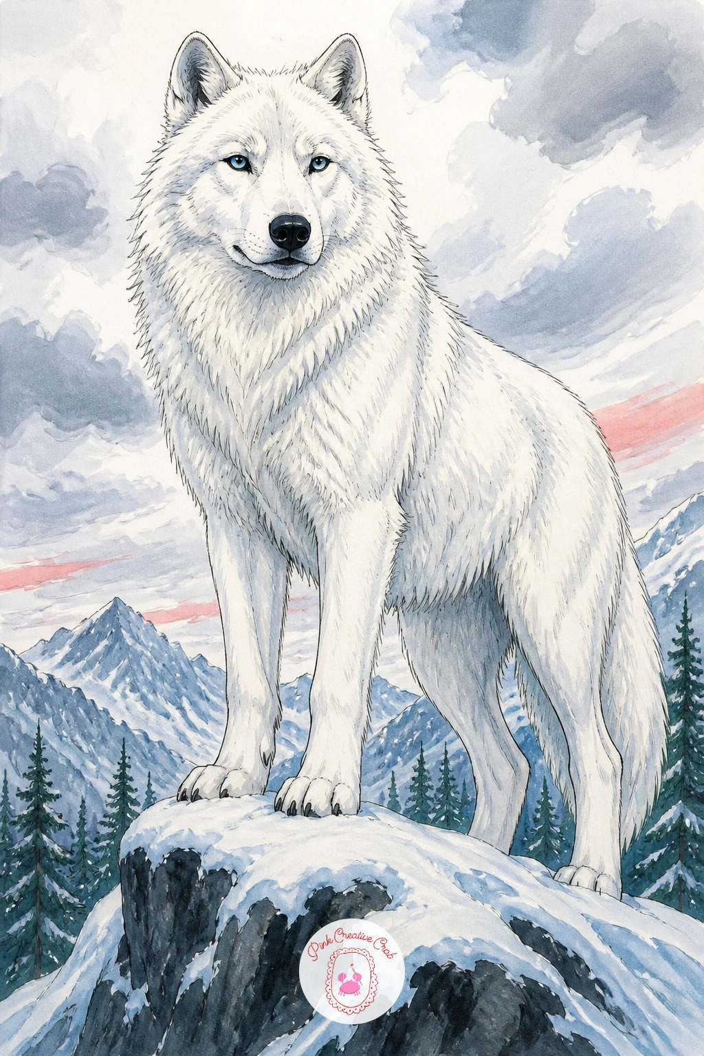 White Arctic Wolf On A Snow-Covered Rock — Switch palettes slightly for a white arctic wolf standing on a snow-covered rock, where the challenge shifts from