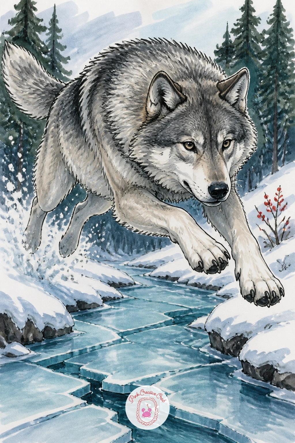 Wolf Leaping Over A Frozen Creek — Push into a more dynamic pose with a wolf leaping over a frozen creek, all four legs off the ground at once. Wolf drawing