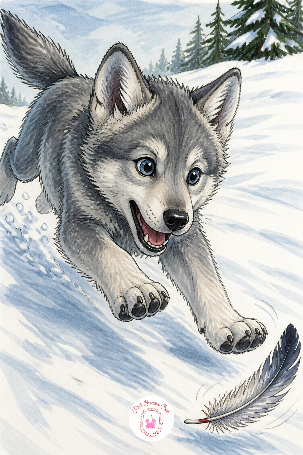 Wolf Pup Chasing A Fluttering Feather — Lighten the mood again with a wolf pup chasing a fluttering feather across the snow, a pose that lets you draw motion