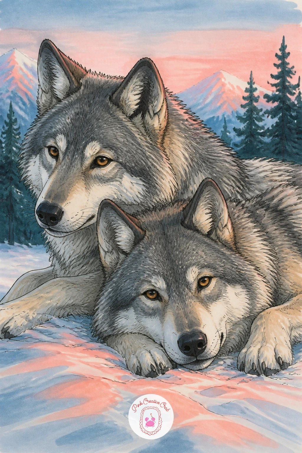 Pair Of Wolves Resting On A Snowy Bank — A pair of wolves resting side by side on a snowy bank is a good one to slow down and enjoy some quiet color work on.