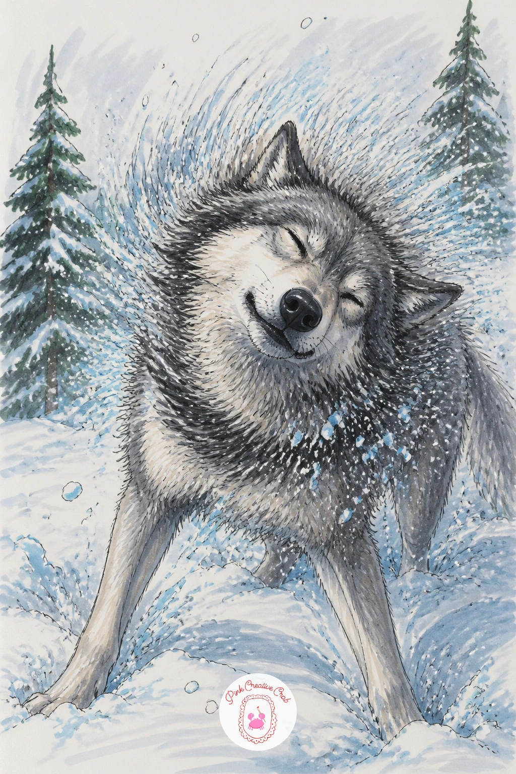 Wolf Shaking Snow Off Its Coat — A wolf shaking snow off its thick winter coat is the piece to draw once you want real texture practice, since the whole pose