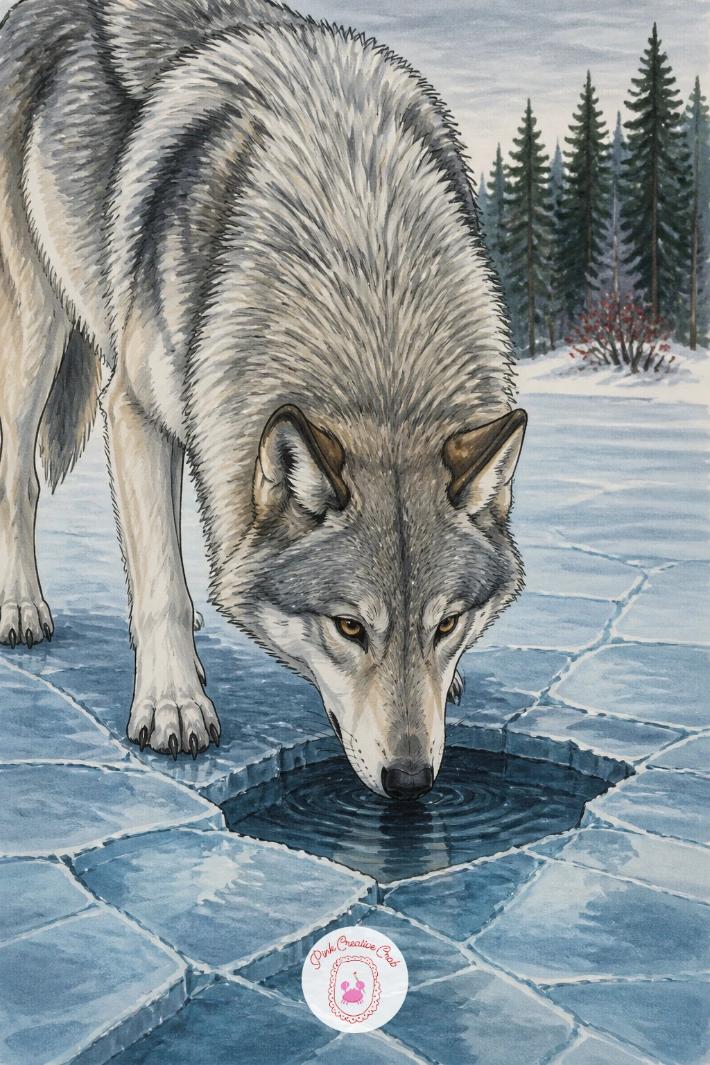 Wolf Drinking From A Frozen Lake — A wolf drinking from a hole in a frozen lake is a quiet pose built on one long, lowered neck line. Wolf drawing