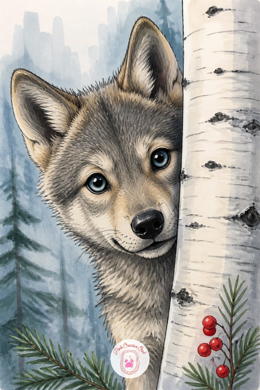 Wolf Pup Peeking From Behind A Birch Trunk — Have some fun hiding a wolf pup peeking out from behind a birch trunk, a composition built around one simple