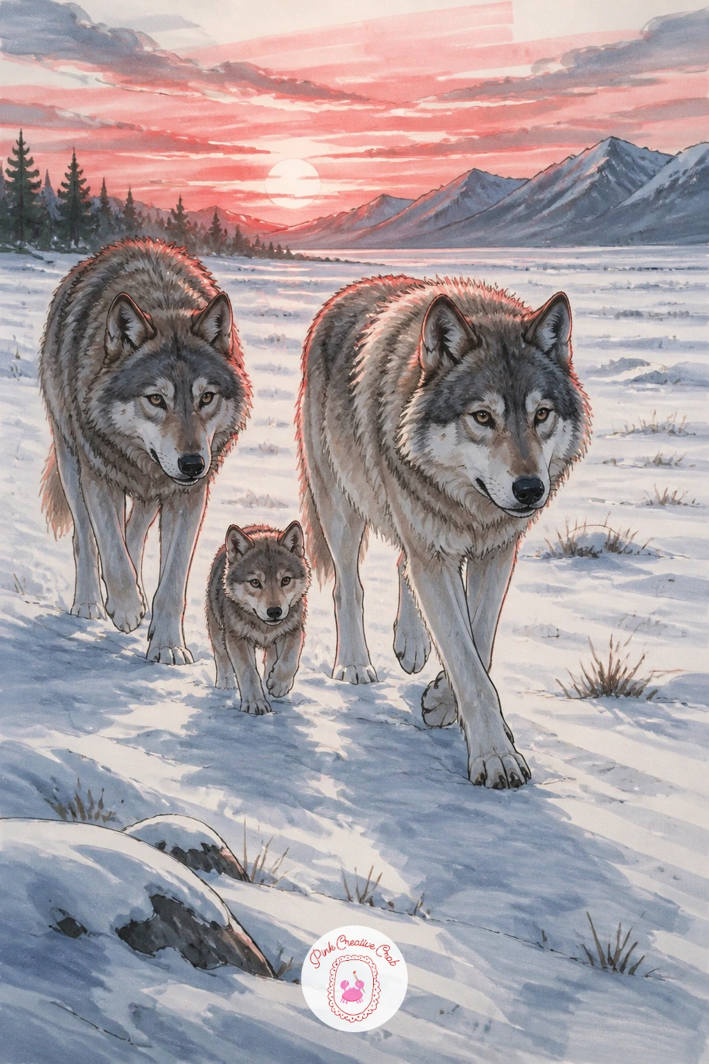Wolf Family Crossing A Snowy Meadow — Scale up next to a wolf family crossing a wide snowy meadow at sunrise, which brings together an adult pair and one or