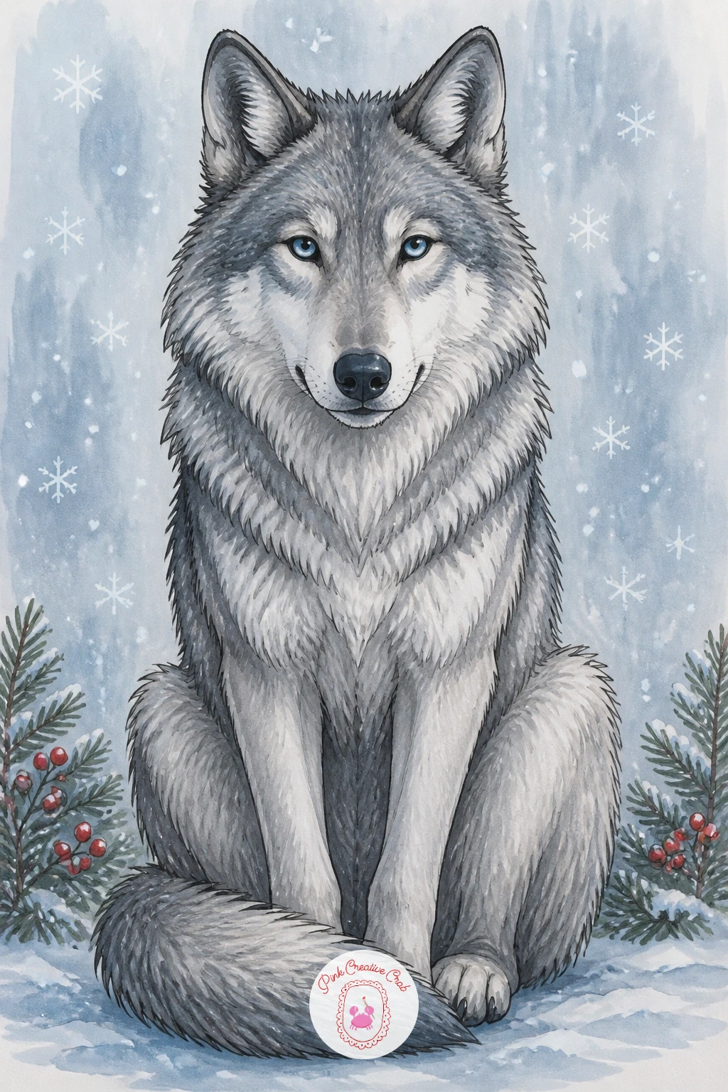 Wolf Sitting Still As Snowflakes Fall — Calm the page right down with a wolf sitting perfectly still as snowflakes fall around it, a pose that is really a