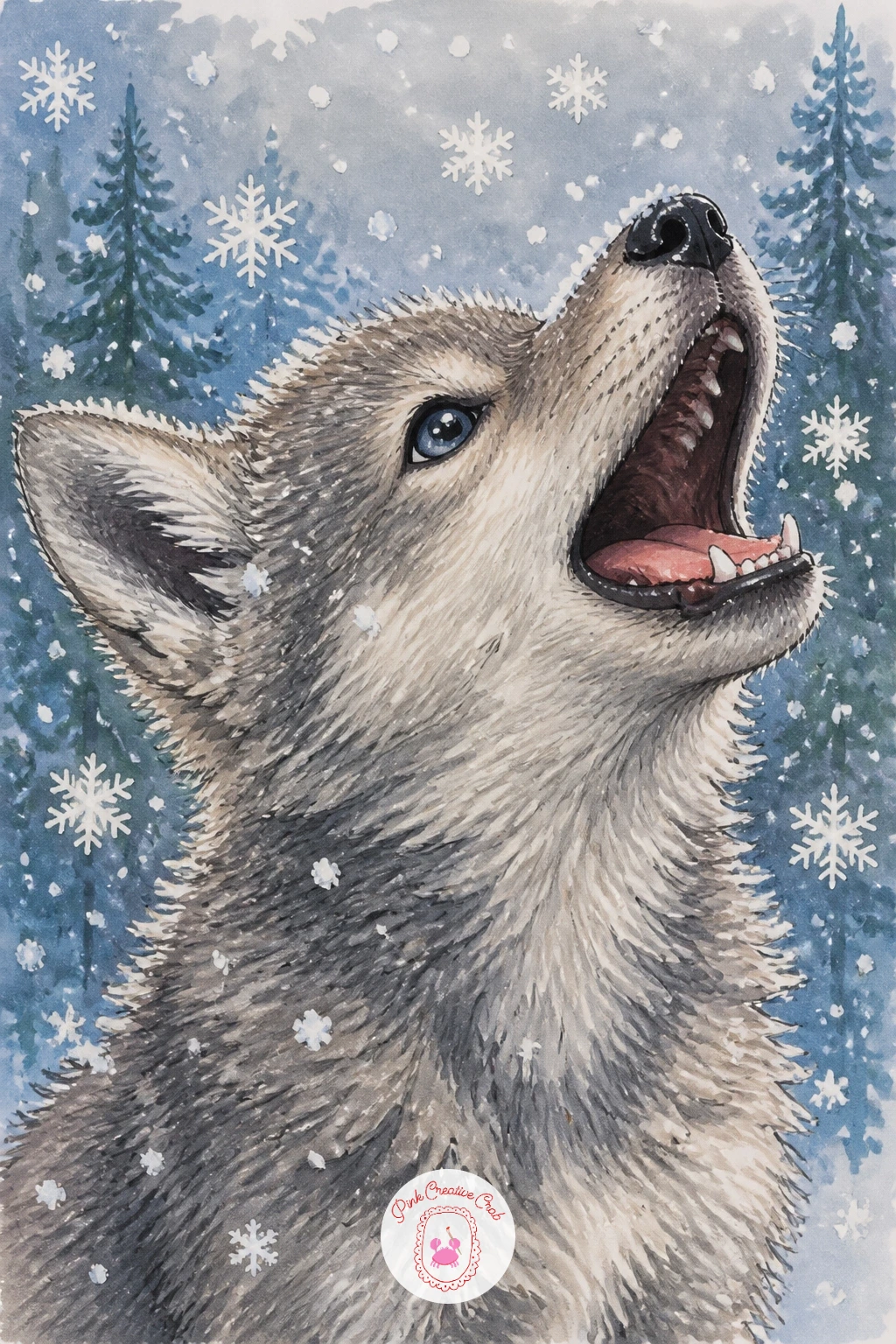 Wolf Pup Catching Snowflakes — A wolf pup trying to catch snowflakes in its mouth is a joyful little companion piece to the still, seated wolf before it. Wolf