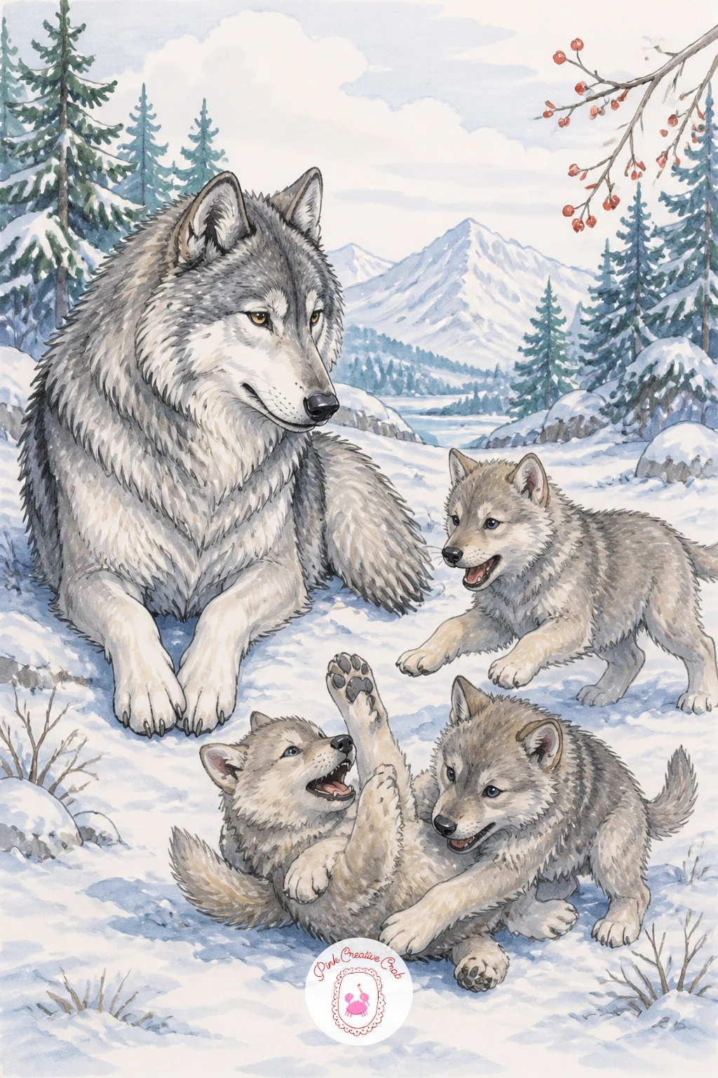 Older Wolf Watching Over Playing Pups — An older wolf watching over pups playing in a clearing pulls several of the poses on this list together into one scene