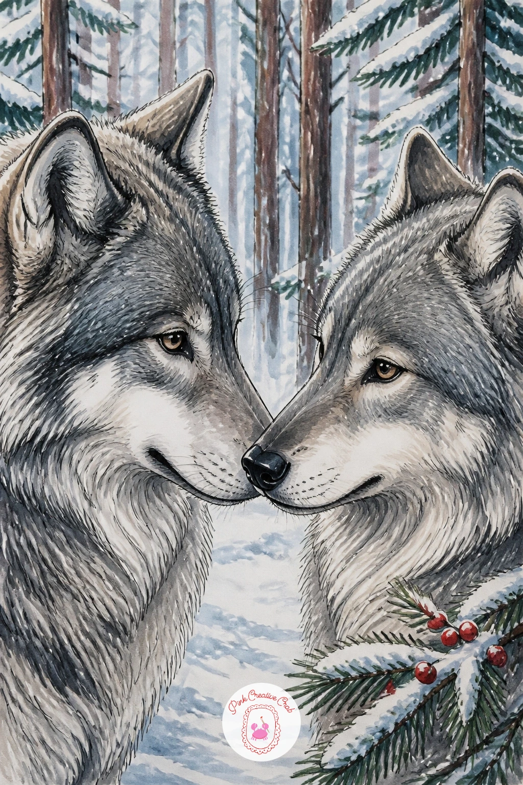 Two Wolves Touching Noses — Two wolves touching noses in a quiet snowy forest is a tender, simple pose that depends entirely on getting the distance between