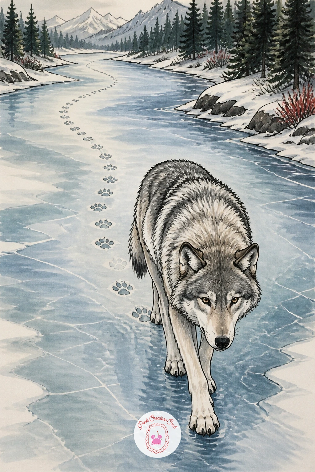 Wolf Walking A Frozen River Leaving Tracks — A wolf walking along a frozen river leaving a line of paw prints turns a simple walking pose into a small story