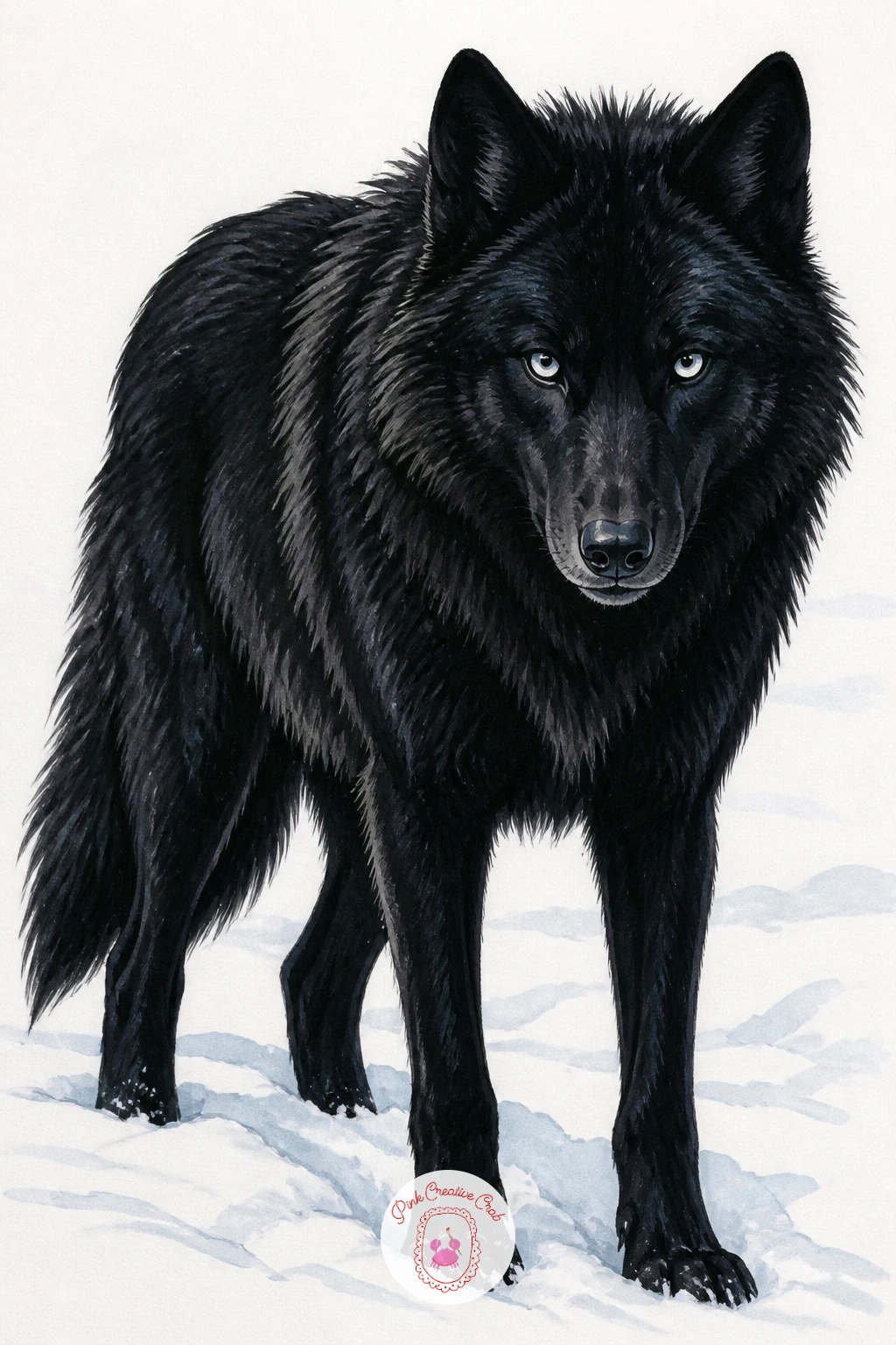 Black Wolf Against A White Snowfield — A black wolf standing out against a pure white snowfield flips the usual value balance of this whole list, since here