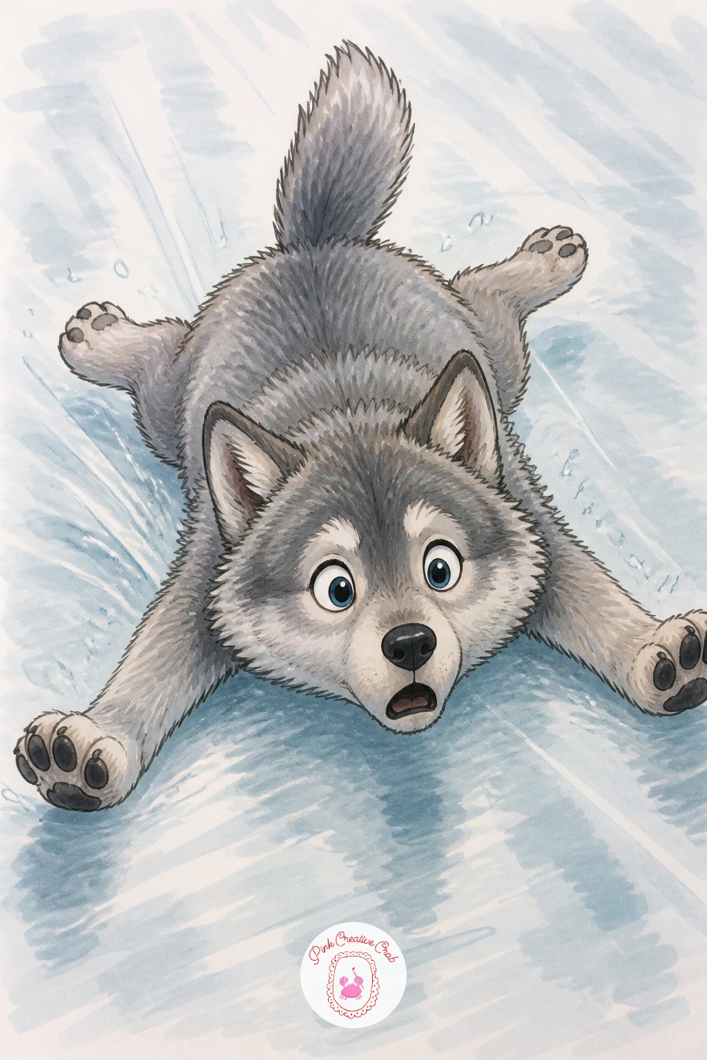 Wolf Pup Sliding On Ice — Bring the comedy back with a wolf pup sliding on ice with its legs splayed out, a pose that only works if the legs genuinely look out
