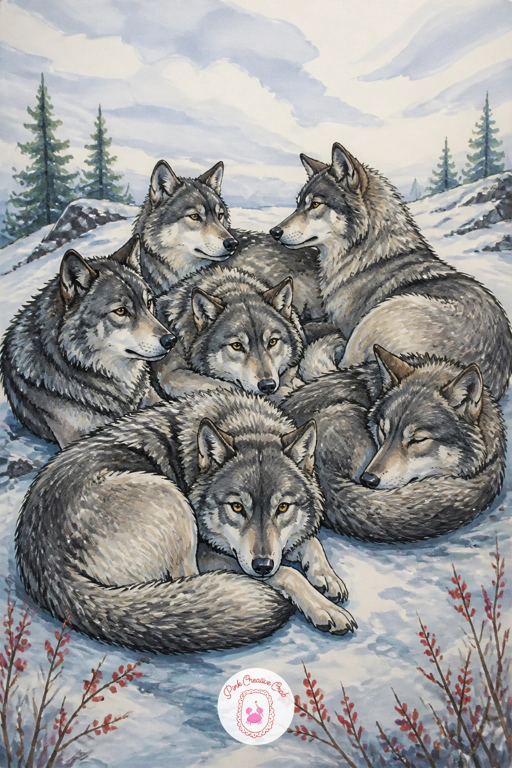 Wolf Pack Resting In A Circle — A wolf pack resting in a circle on a snowy hilltop asks you to manage several bodies at once, so plan the circle itself before