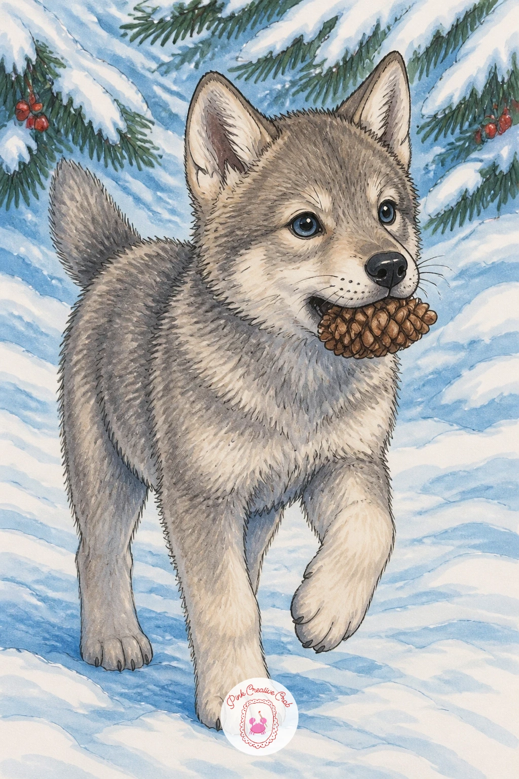 Wolf Pup Carrying A Pine Cone — Lighten things again with a wolf pup proudly carrying a pine cone in its mouth, a small, charming pose built around a