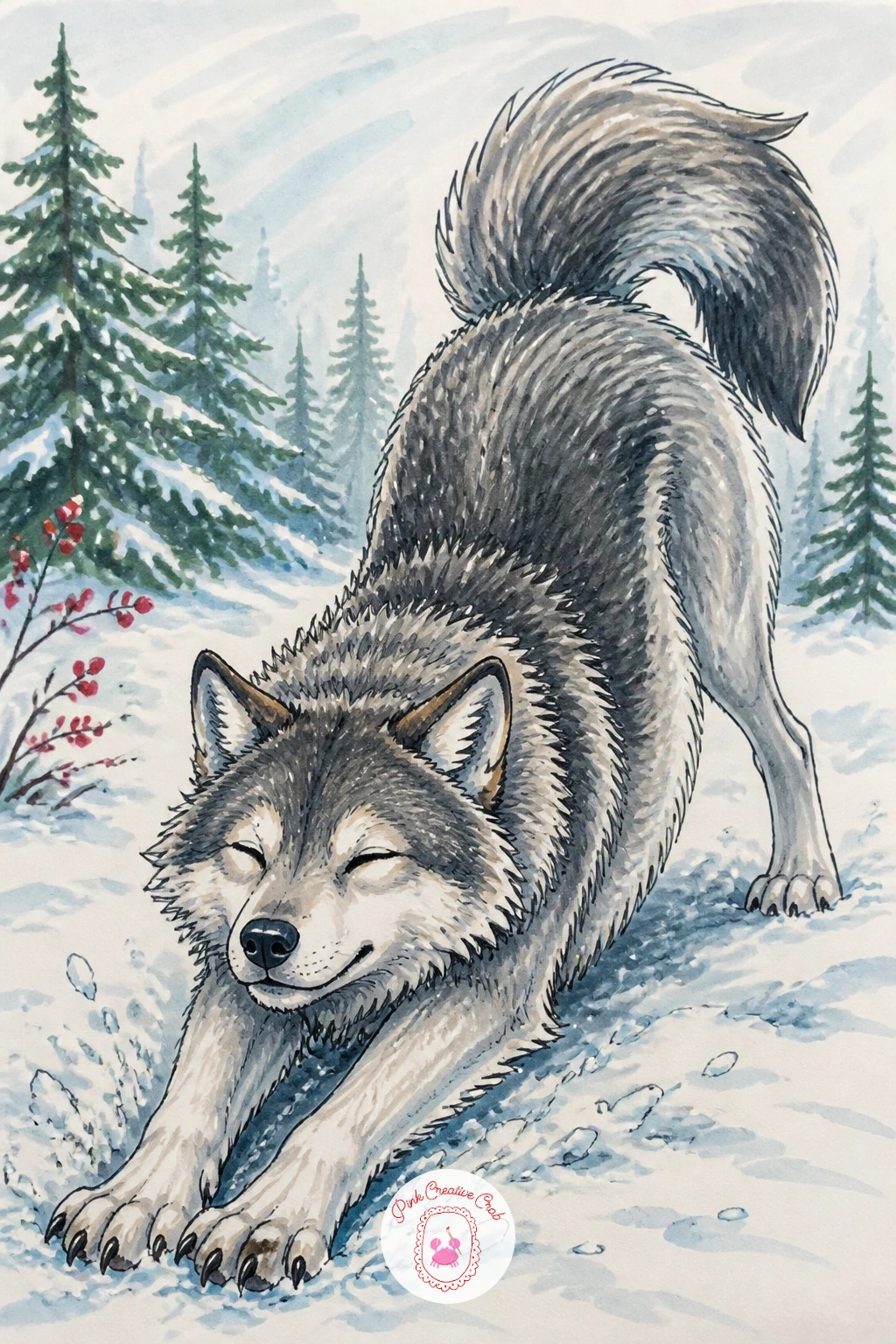 Wolf Stretching Like A Dog After A Nap — A wolf stretching like a dog after a nap in the snow is a familiar, comforting pose for anyone who has watched a dog
