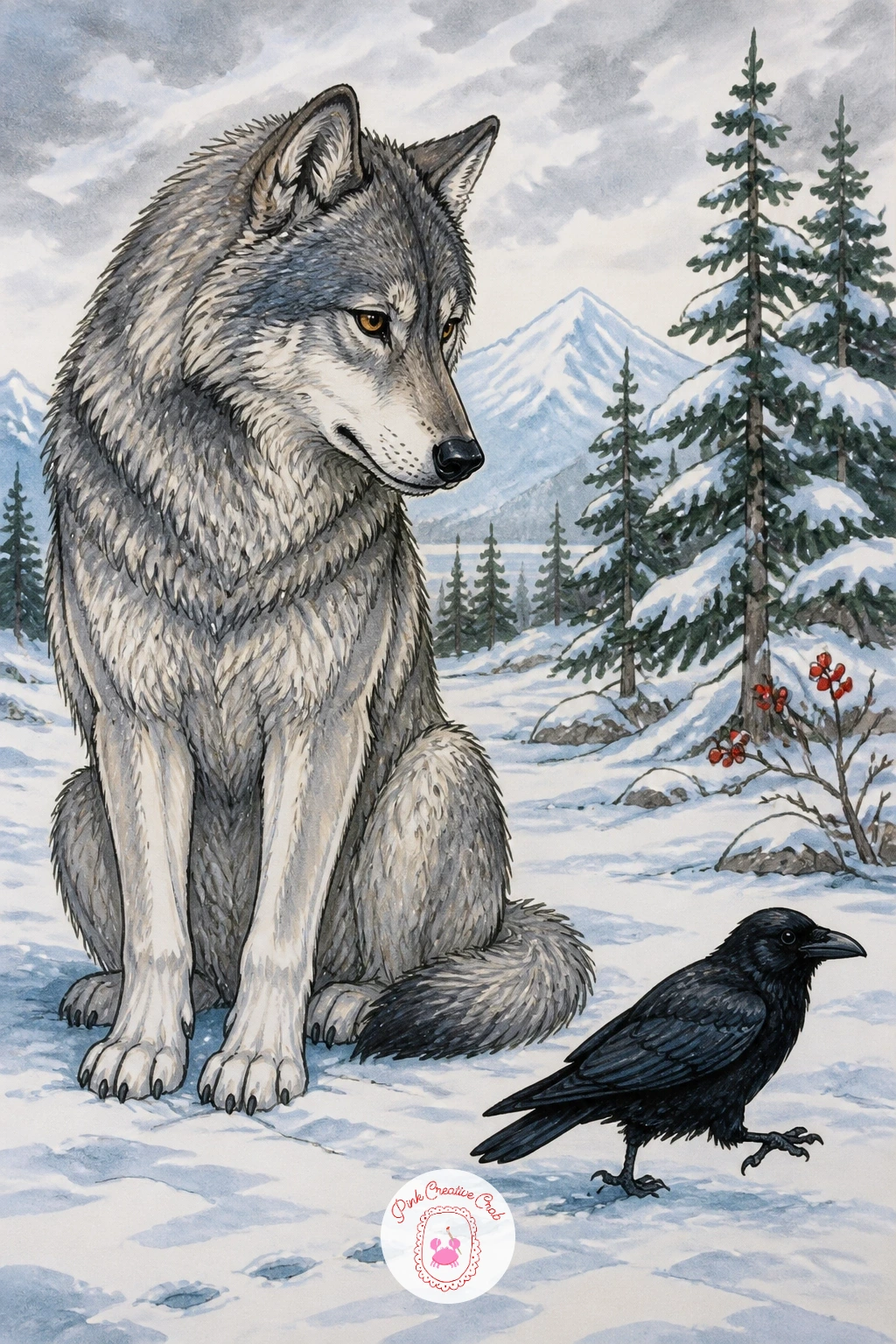Wolf Watching A Raven Hop Nearby — A wolf watching a raven hop across the snow pairs two very different silhouettes in one small, quiet scene. Wolf drawing