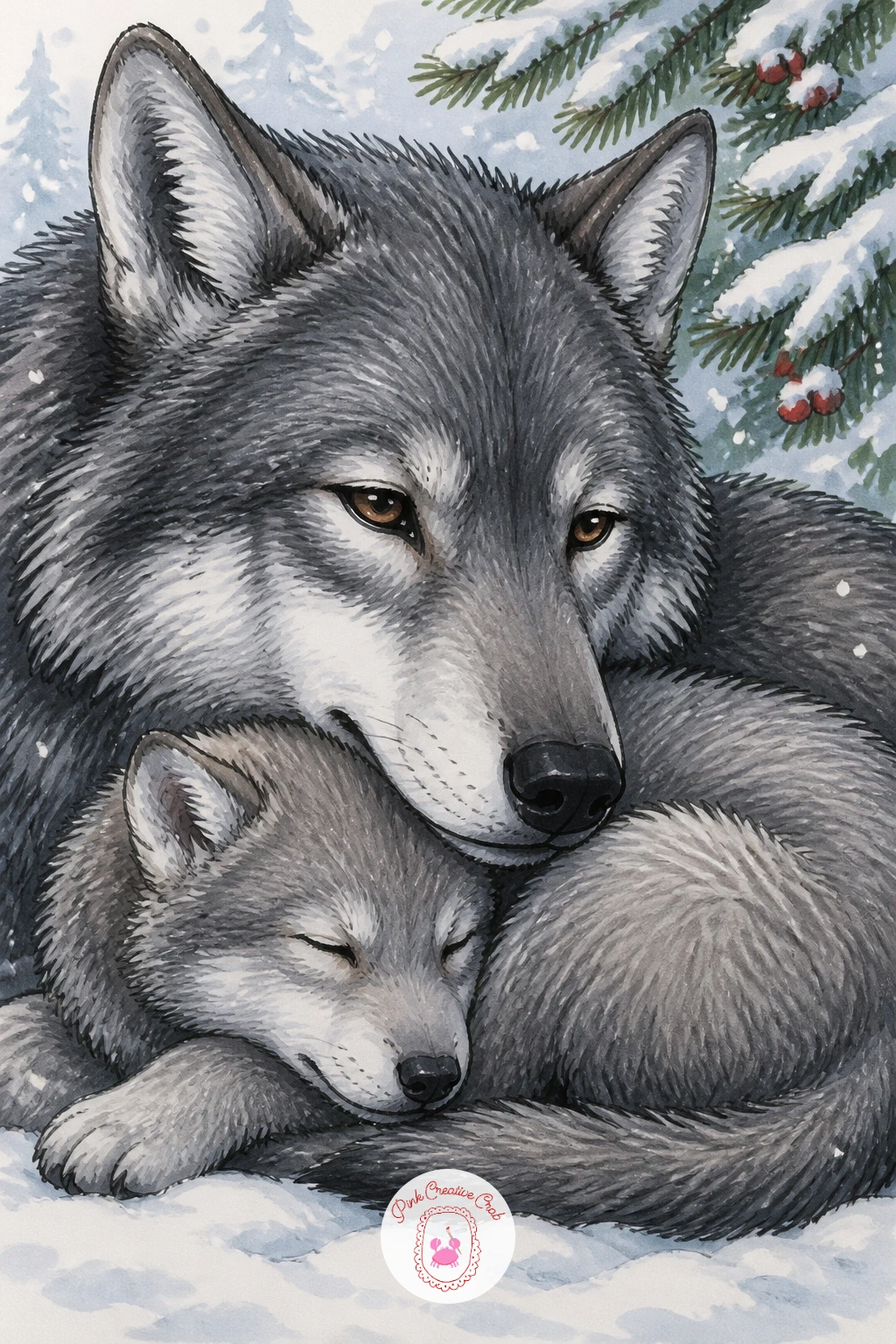 Wolf Pup Sleeping Under Mother's Chin — Return to tenderness with a wolf pup sleeping tucked under its mother's chin, a close, nested pose similar in spirit to