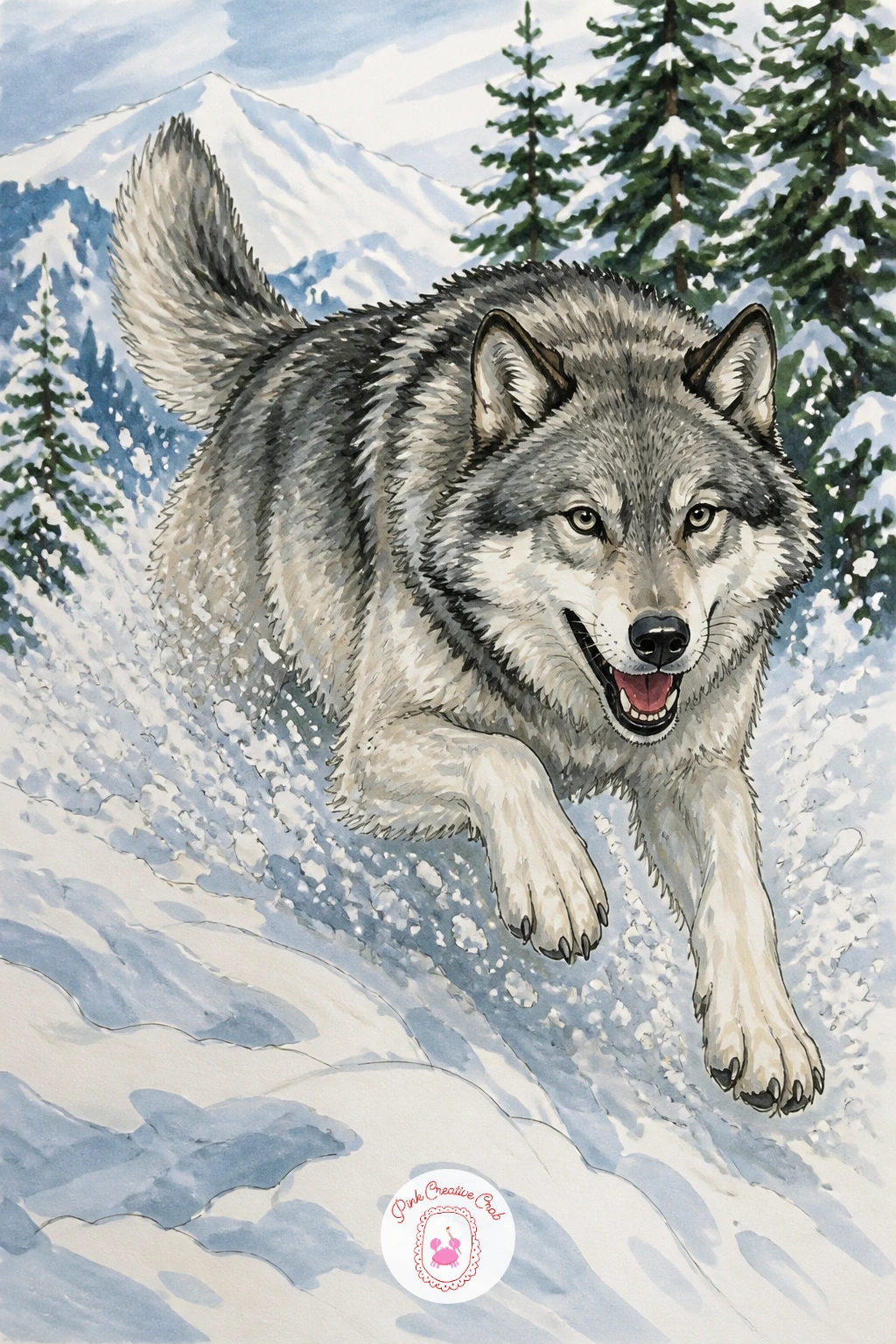 Wolf Bounding Through Deep Powder — A wolf bounding through deep powder with snow spraying up is the biggest, most energetic pose on this whole list, so save