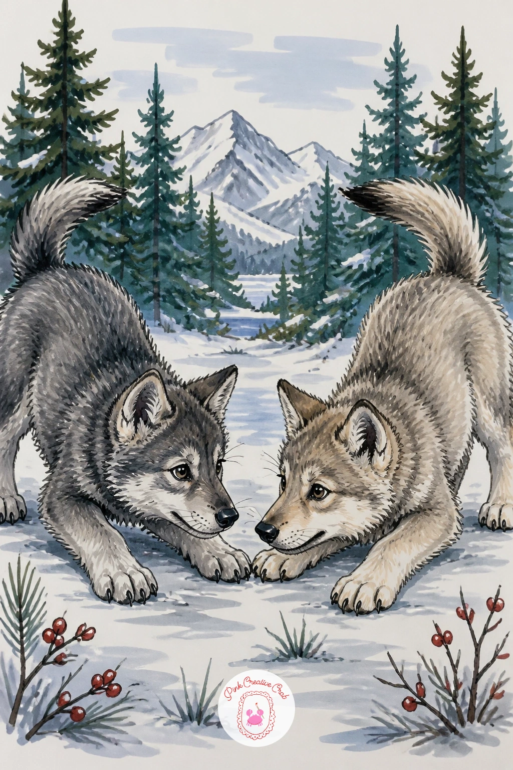 Pair Of Wolf Pups Play-Bowing — A pair of wolf pups play-bowing to each other is a sweet, instantly readable pose if you know the shape of a play bow: front