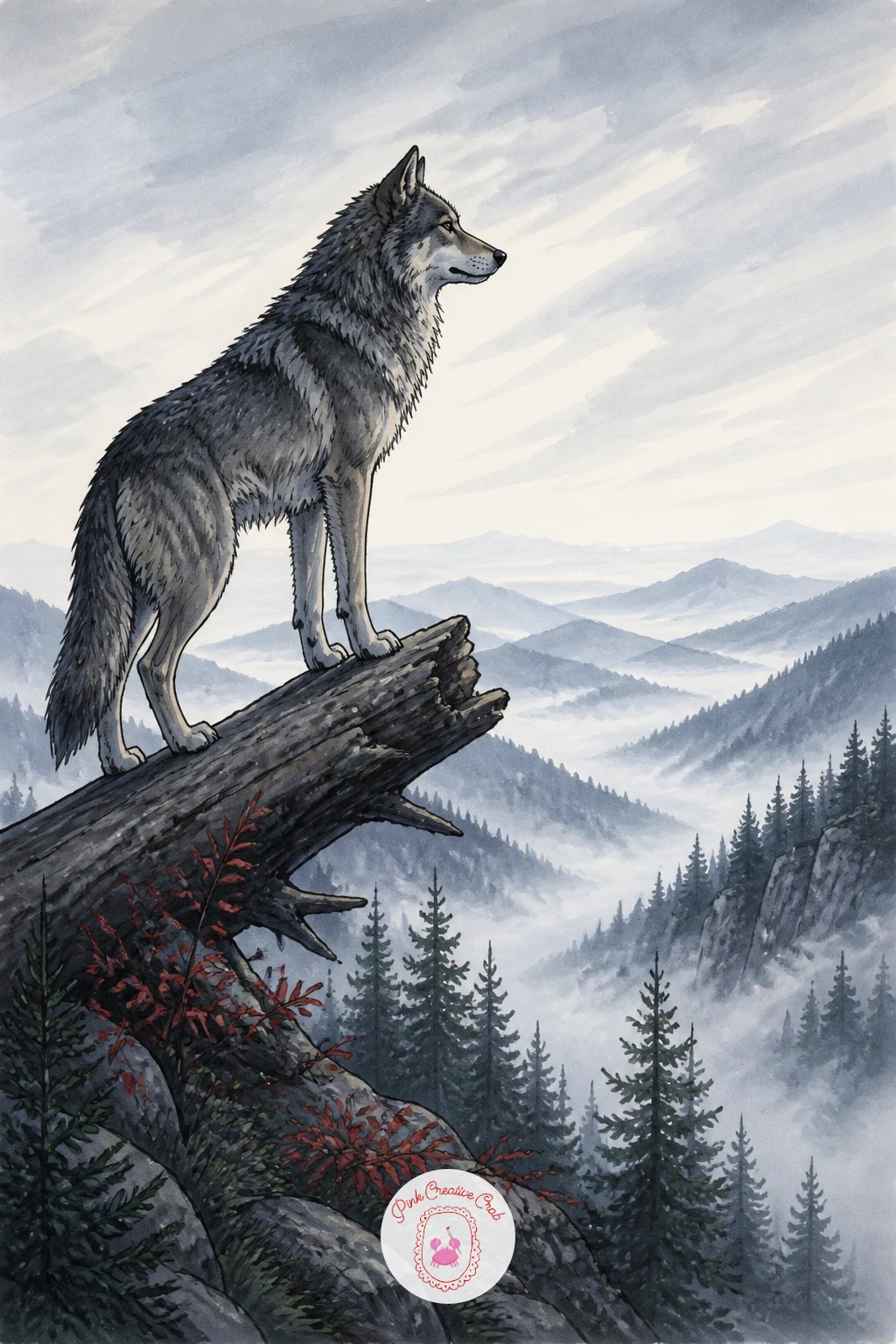 Wolf On A Fallen Tree Above A Misty Valley — A wolf standing on a fallen tree above a misty valley brings a stronger landscape element into the frame, so place