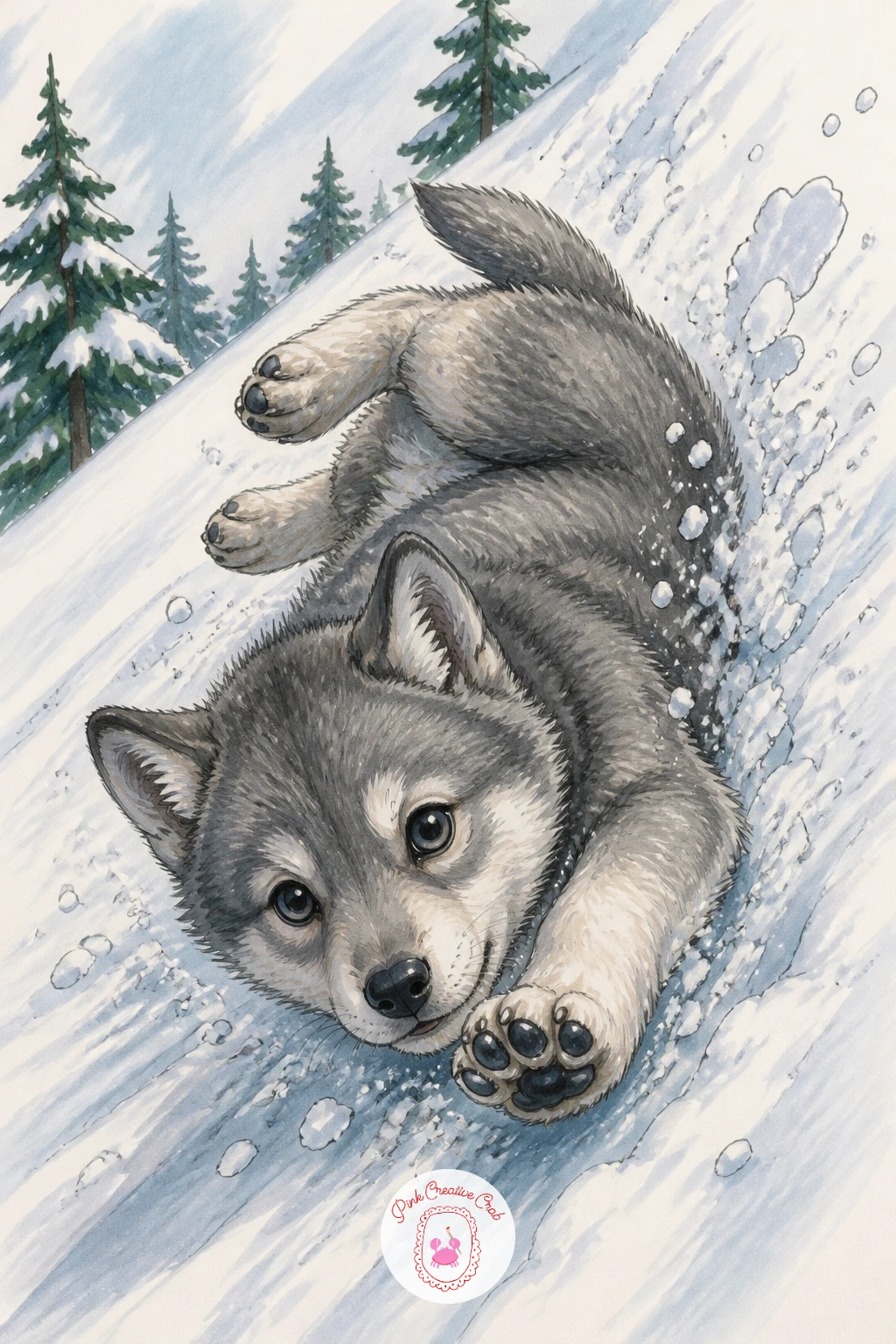 Wolf Pup Tumbling Down A Snowy Slope — A wolf pup tumbling down a small snowy slope is a fun, slightly chaotic pose to close the playful side of this list out