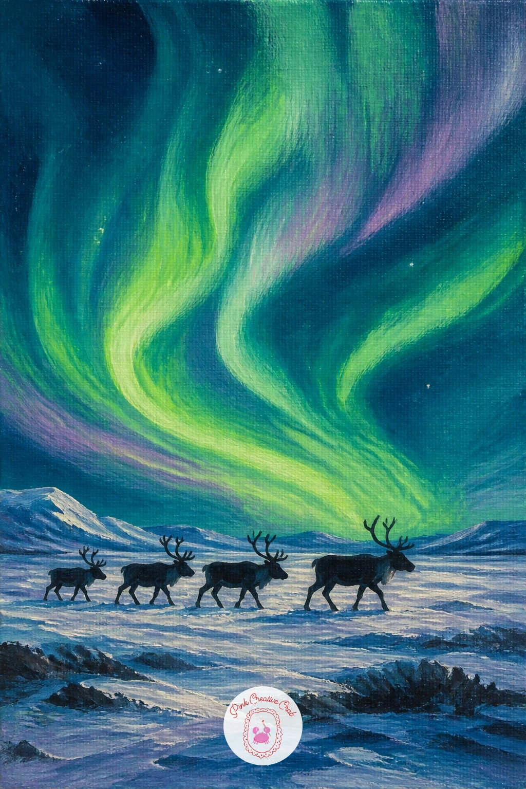 Reindeer Herd on the Tundra — A reindeer herd crossing the frozen tundra is the first busier scene on this list, so keep every animal as a simple dark