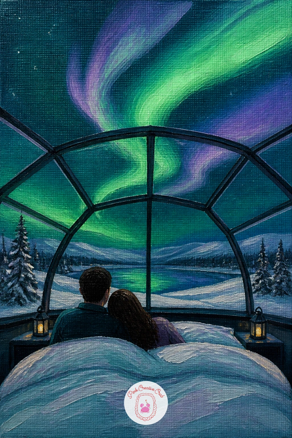 Glass Igloo Hotel — A glass igloo hotel with a couple watching the aurora from bed gives you a dome shape and a hint of interior glow, two new problems to