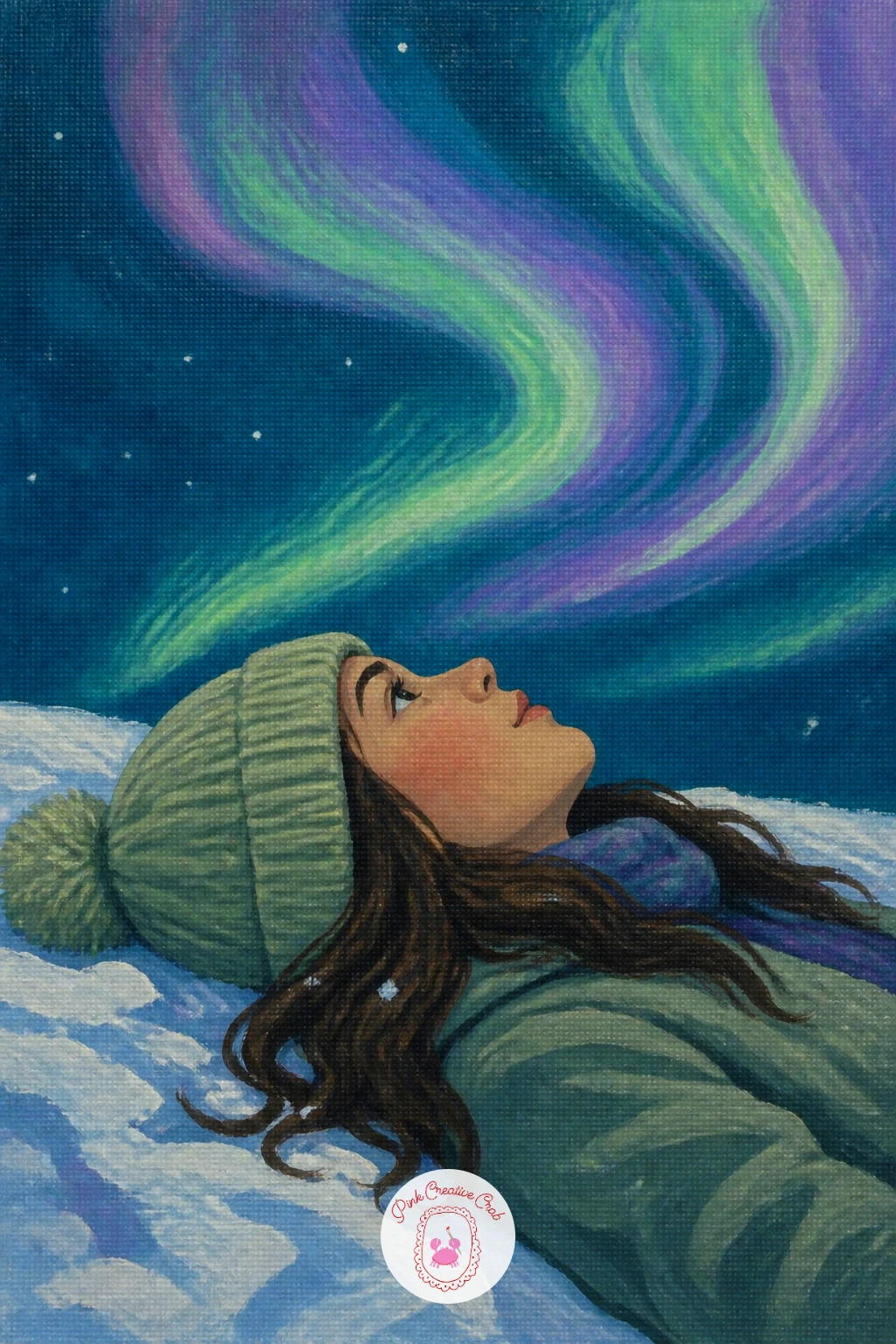 Girl in a Sage Knit Hat — Bring the scene down to ground level with a girl in a sage knit hat lying in the snow watching the aurora, a quiet single-figure