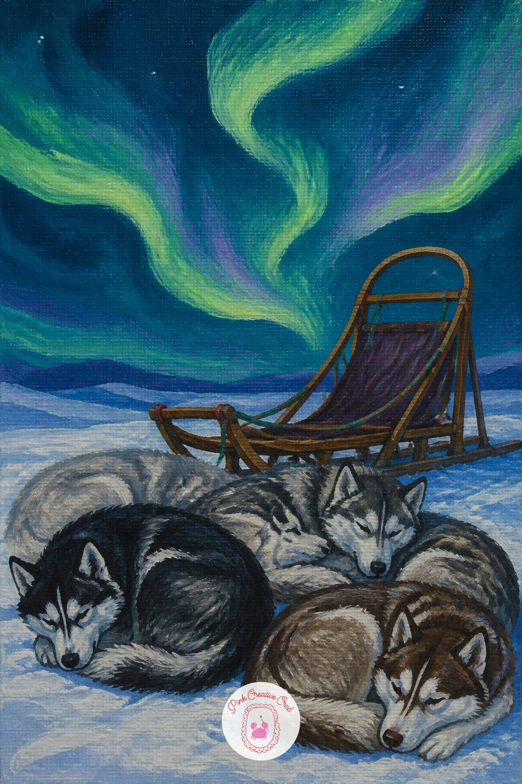 Husky Team Resting by the Sled — Shift back to animals with a husky team resting beside their sled under the northern lights, a good subject for practicing a