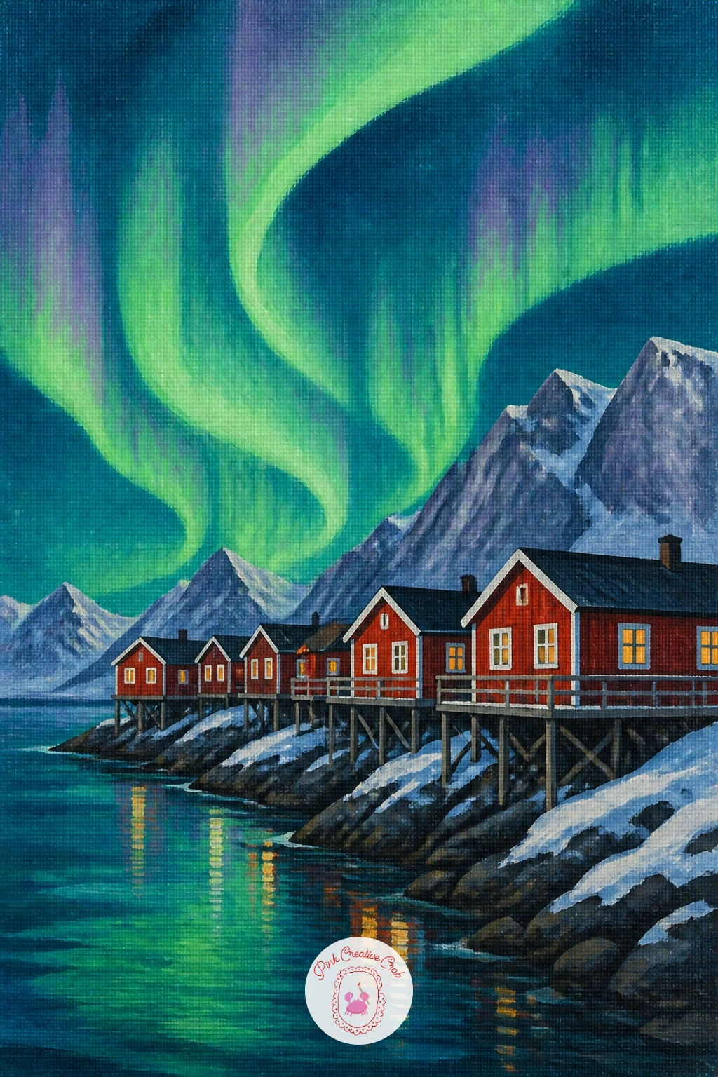 Red Rorbu Cabins on a Lofoten Shore — Red rorbu cabins on a Lofoten shore under a green sky move you from one building to a small cluster, so this is a good