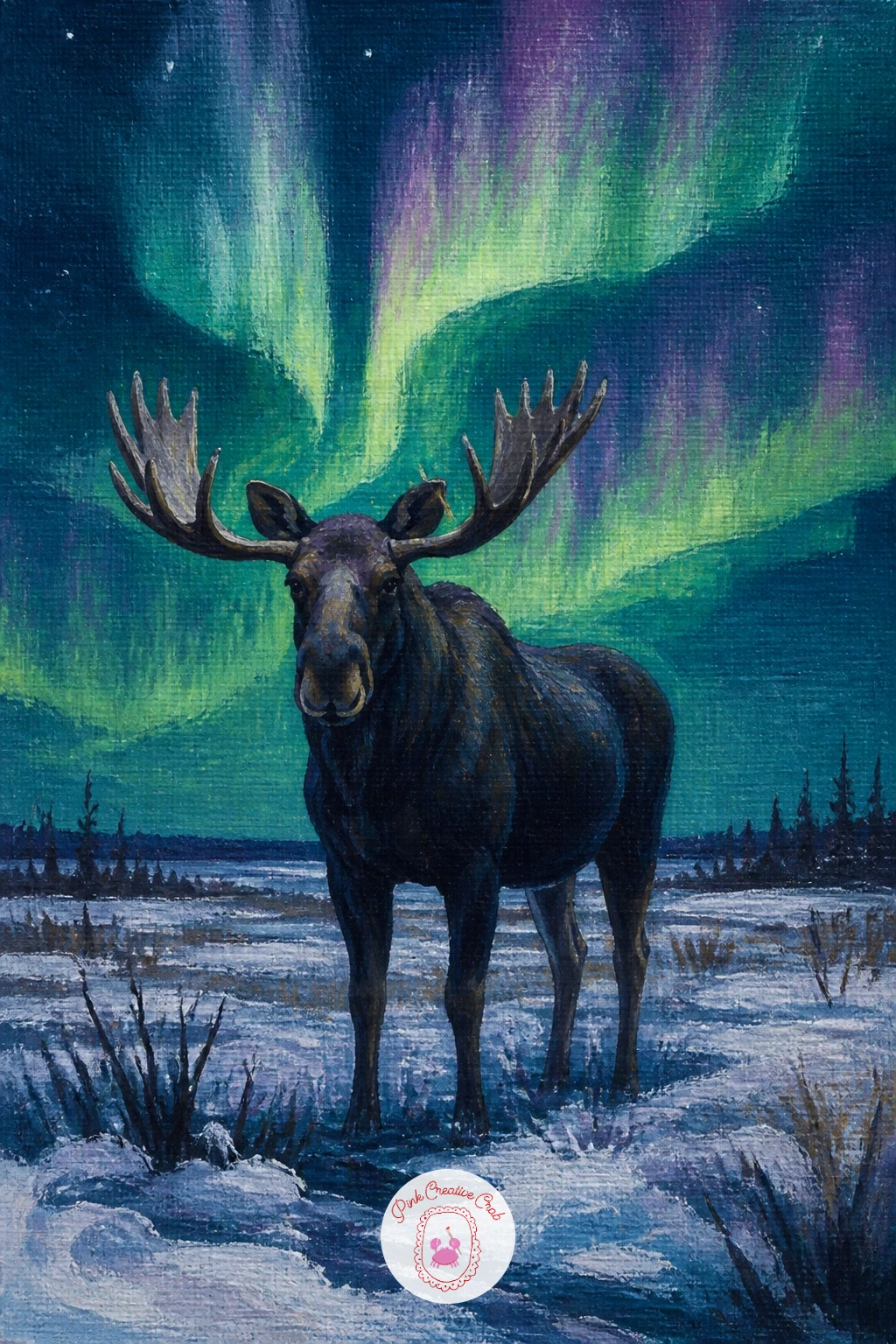 Moose in a Snowy Bog — A moose standing in a snowy bog under faint green lights calls for a calmer palette than the brighter scenes before it, which is a nice
