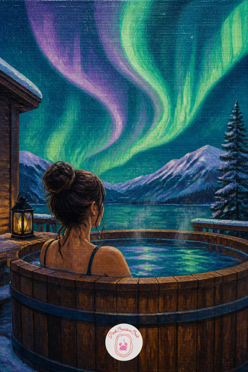 Woman in a Wooden Hot Tub — A woman in a wooden hot tub on a cabin deck watching the aurora brings warmth and steam into a cold scene, which makes it one of