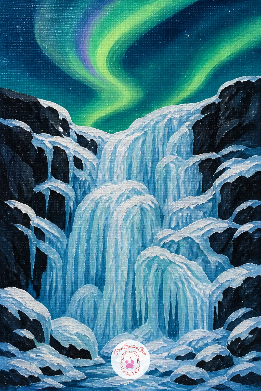 Frozen Waterfall Lit by Aurora — A frozen waterfall lit by a ribbon of green aurora asks you to paint ice instead of flowing water, which is really just a