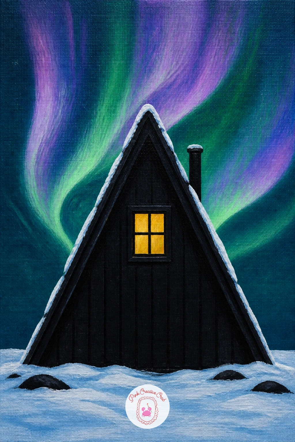 Black A-Frame Cabin With One Lit Window — A black A-frame cabin with one lit window under a violet aurora works almost entirely on silhouette and contrast, so