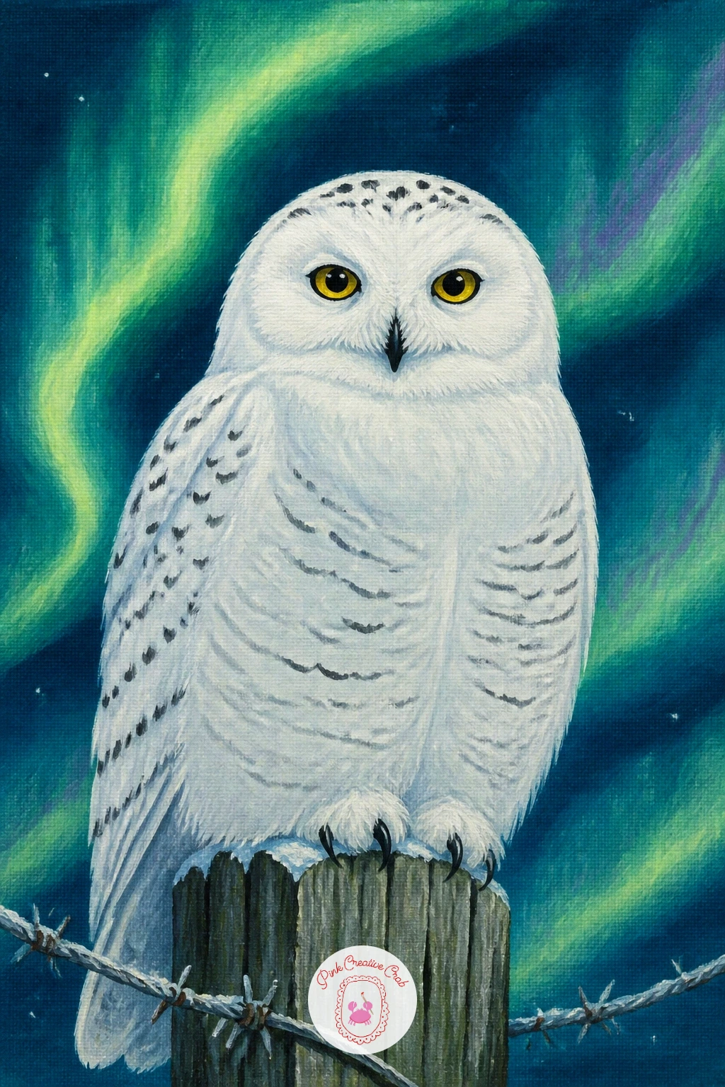 Snowy Owl on a Fence Post — A snowy owl perched on a fence post under the northern lights is a small, calm subject that leans on shape more than detail, much